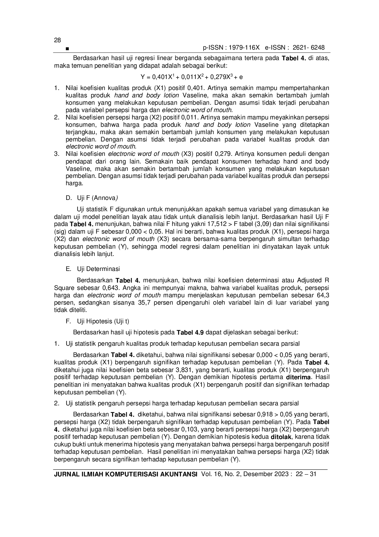 JURIS Pengaruh Kualitas Produk Persepsi Harga Dan Electronic Word Of Mouth Terhadap Keputusan Pembelian Hand And Body Lotion Vaseline Di Kota Semarang