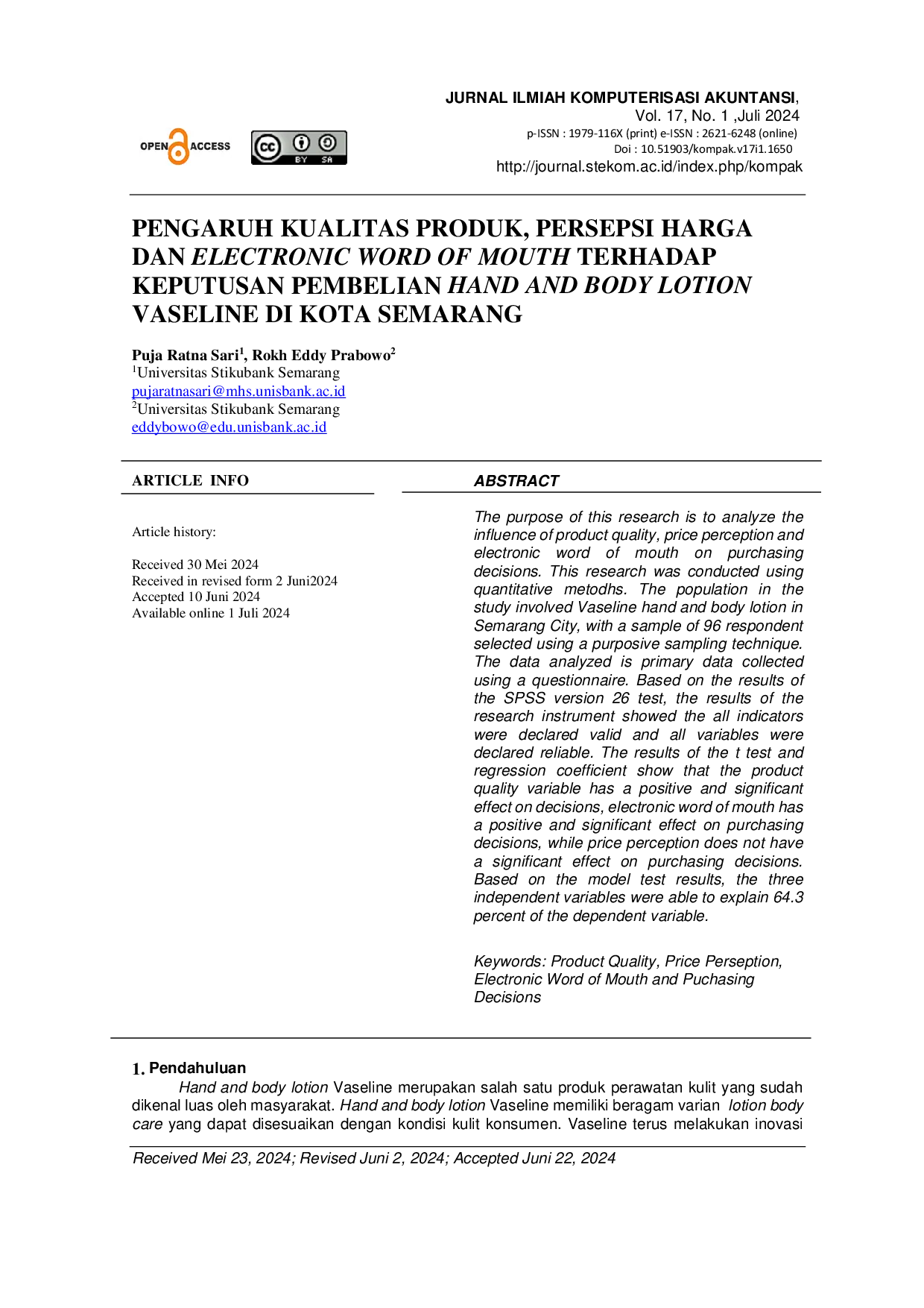 JURIS Pengaruh Kualitas Produk Persepsi Harga Dan Electronic Word Of Mouth Terhadap Keputusan Pembelian Hand And Body Lotion Vaseline Di Kota Semarang