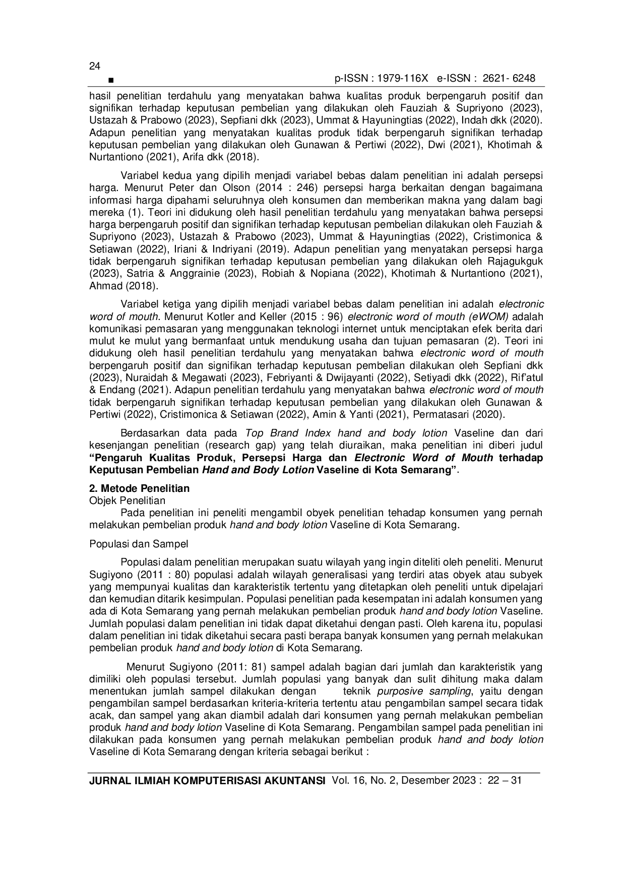 JURIS Pengaruh Kualitas Produk Persepsi Harga Dan Electronic Word Of Mouth Terhadap Keputusan Pembelian Hand And Body Lotion Vaseline Di Kota Semarang