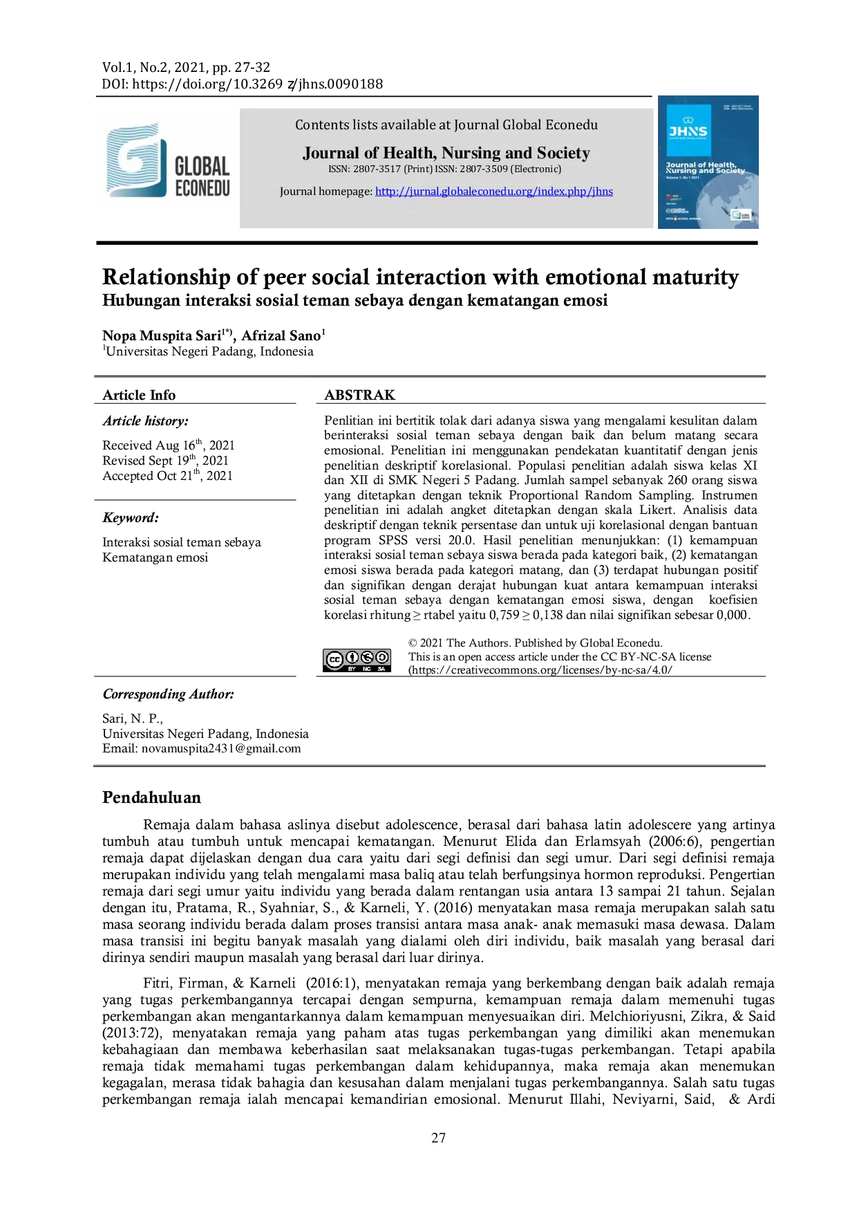 JURIS Relationship of peer social interaction with emotional maturity