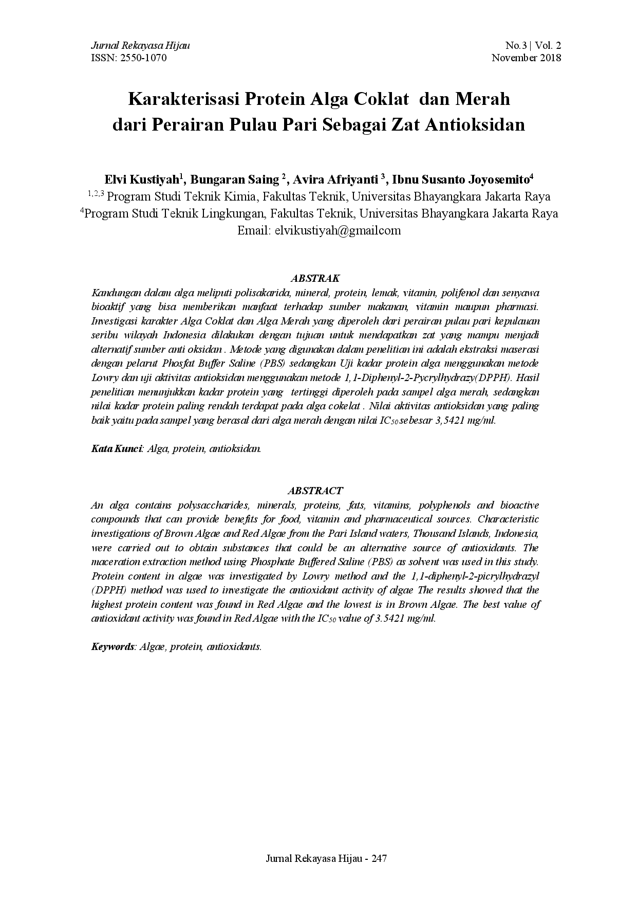 juris Karakterisasi Protein Alga Coklat dan Merah dari Perairan Pulau Pari Sebagai Zat Antioksidan