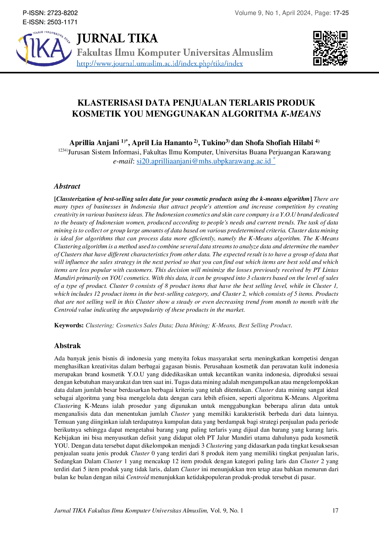 JURIS Classterization of best selling sales data for your cosmetic products using the k means algorithm
