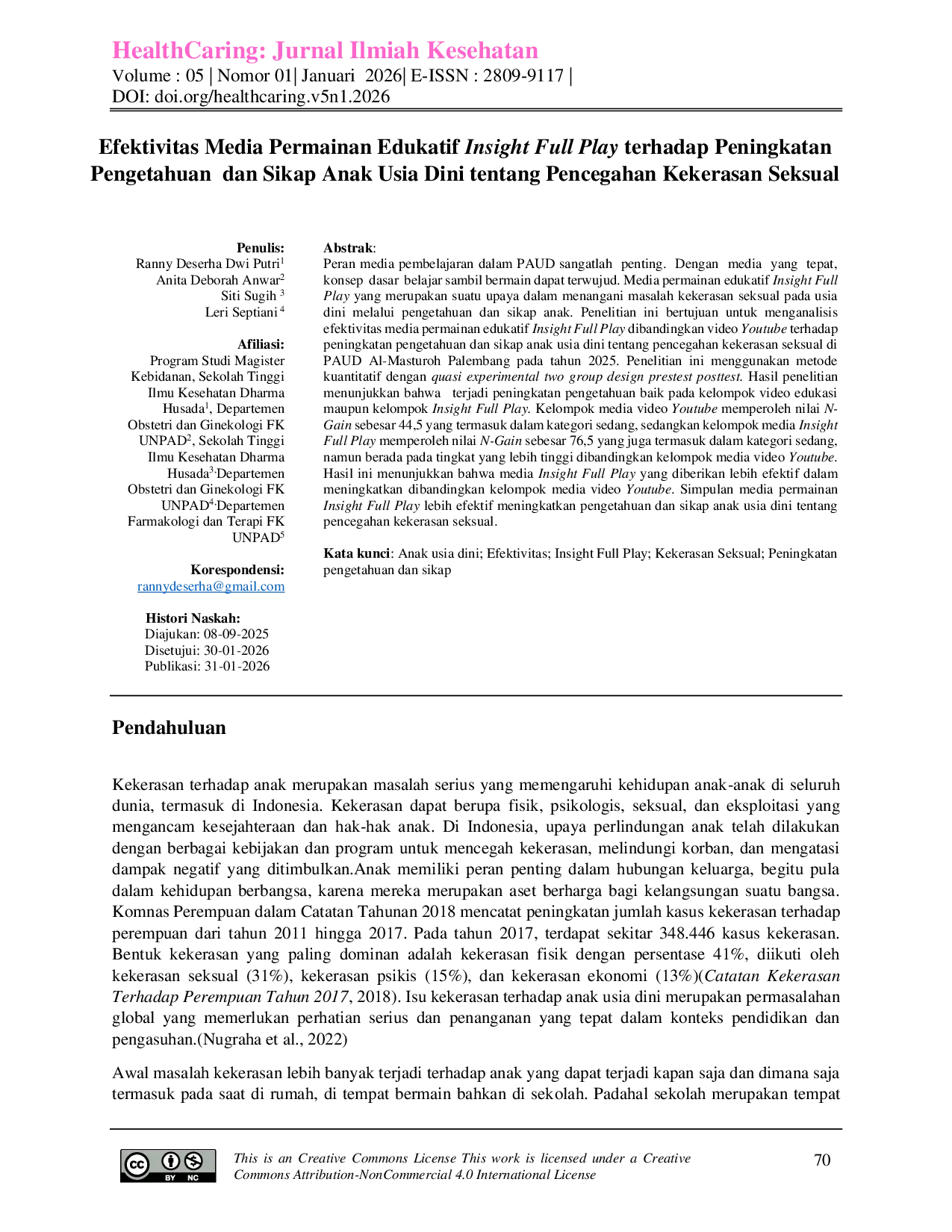 JURIS Efektivitas Media Permainan Edukatif Insight Full Play terhadap Peningkatan Pengetahuan dan Sikap Anak Usia Dini tentang Pencegahan Kekerasan Seksual
