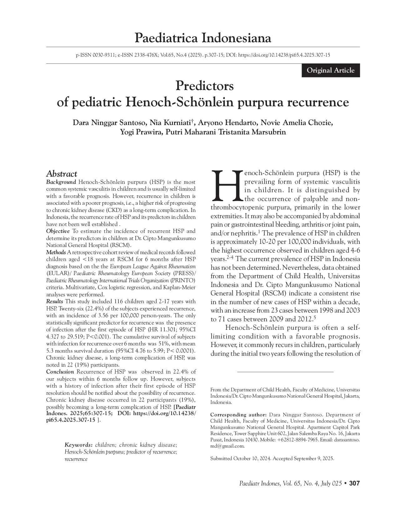 JURIS Predictors of pediatric Henoch Sch nlein purpura recurrence