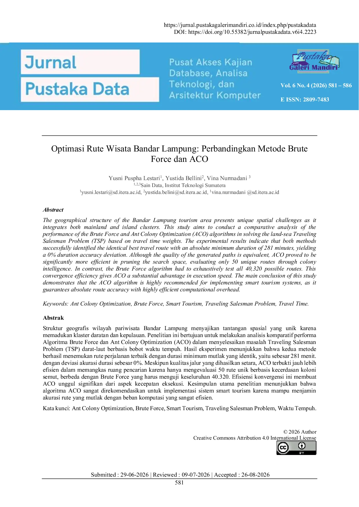 JURIS The Optimasi Rute Wisata Bandar Lampung Perbandingkan Metode Brute Force dan ACO