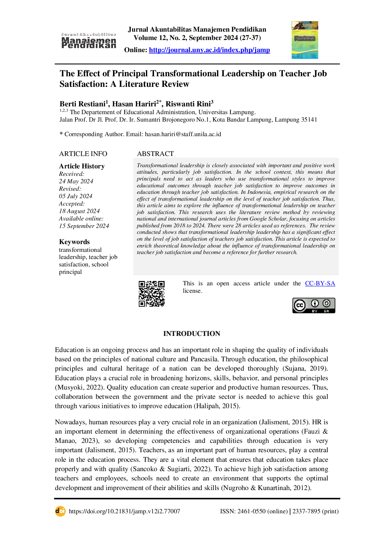 JURIS The Effect of Principal Transformational Leadership on Teacher Job Satisfaction A Literature Review