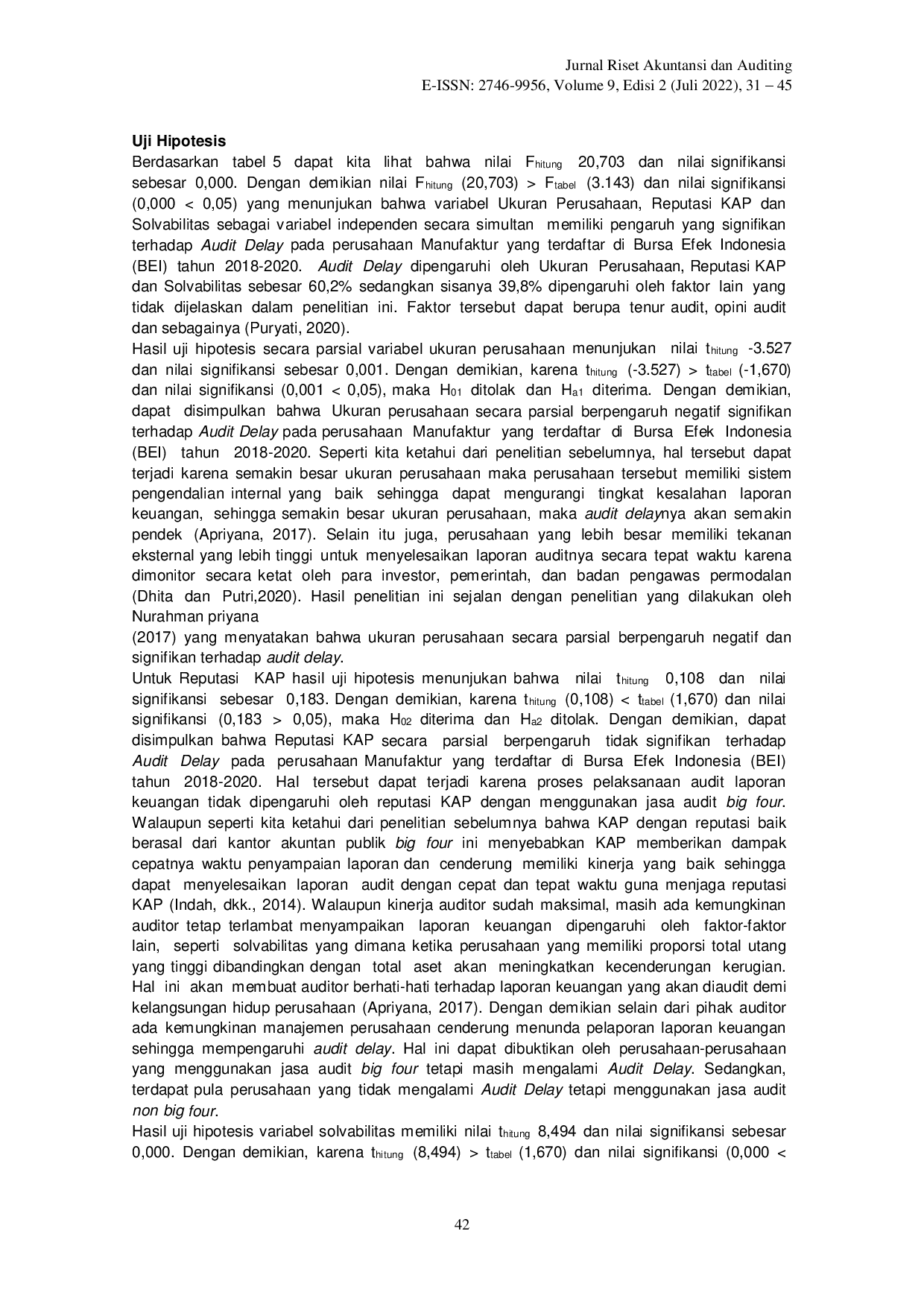 juris Faktor yang Mempengaruhi Audit Delay Studi Perusahaan Manufaktur yang Terdaftar di BEI Tahun 2018 2020
