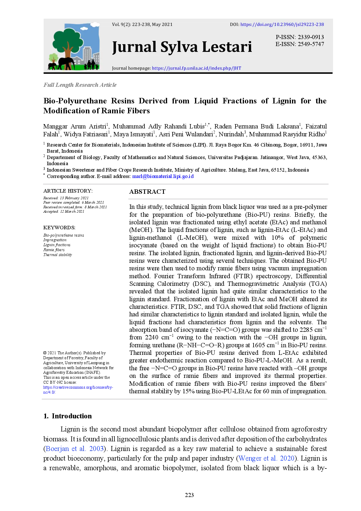 juris Bio Polyurethane Resins Derived from Liquid Fractions of Lignin for the Modification of Ramie Fibers