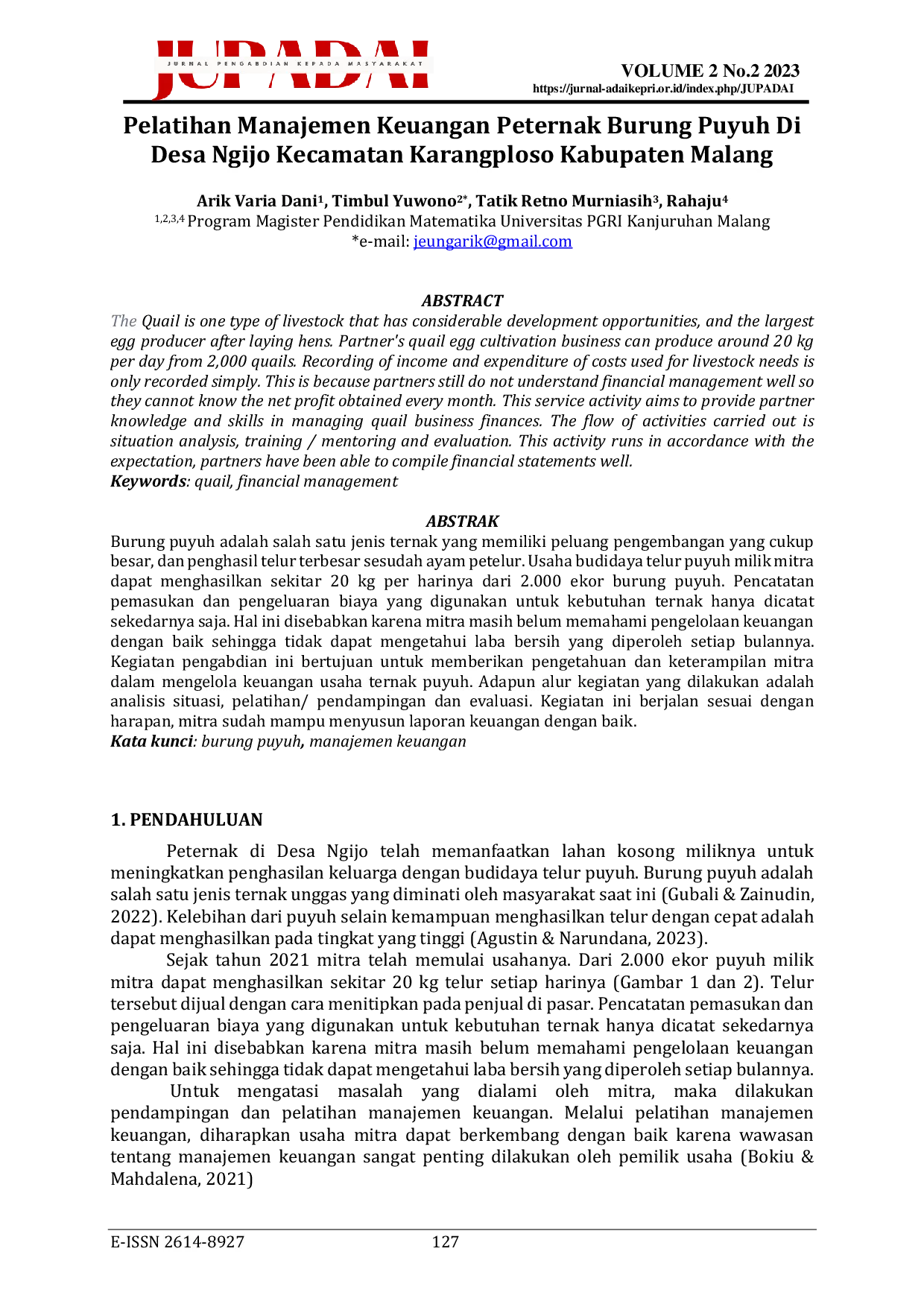 JURIS Pelatihan Manajemen Keuangan Peternak Burung Puyuh Di Desa Ngijo Kecamatan Karangploso Kabupaten Malang