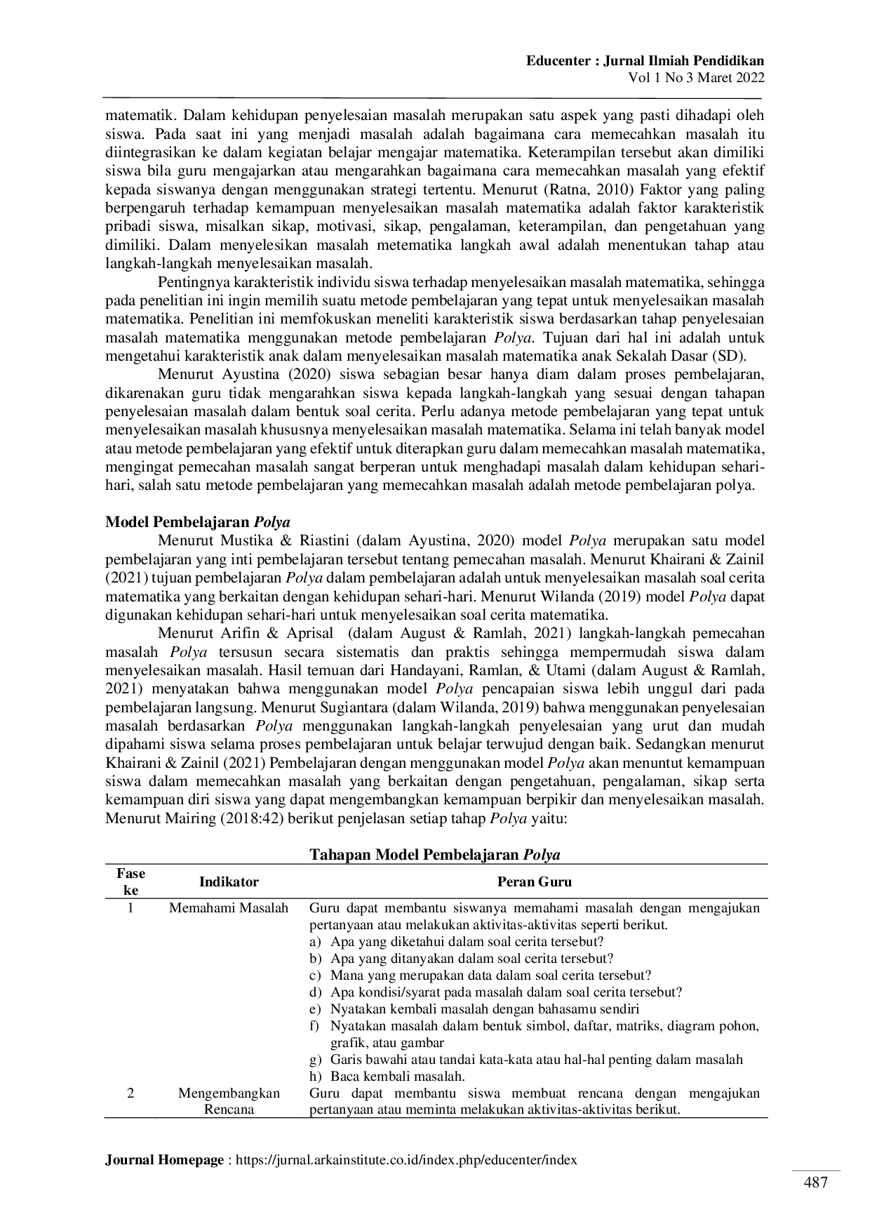 JURIS Karakteristik siswa dalam menyelesaikan masalah matematika menggunakan model pembelajaran polya