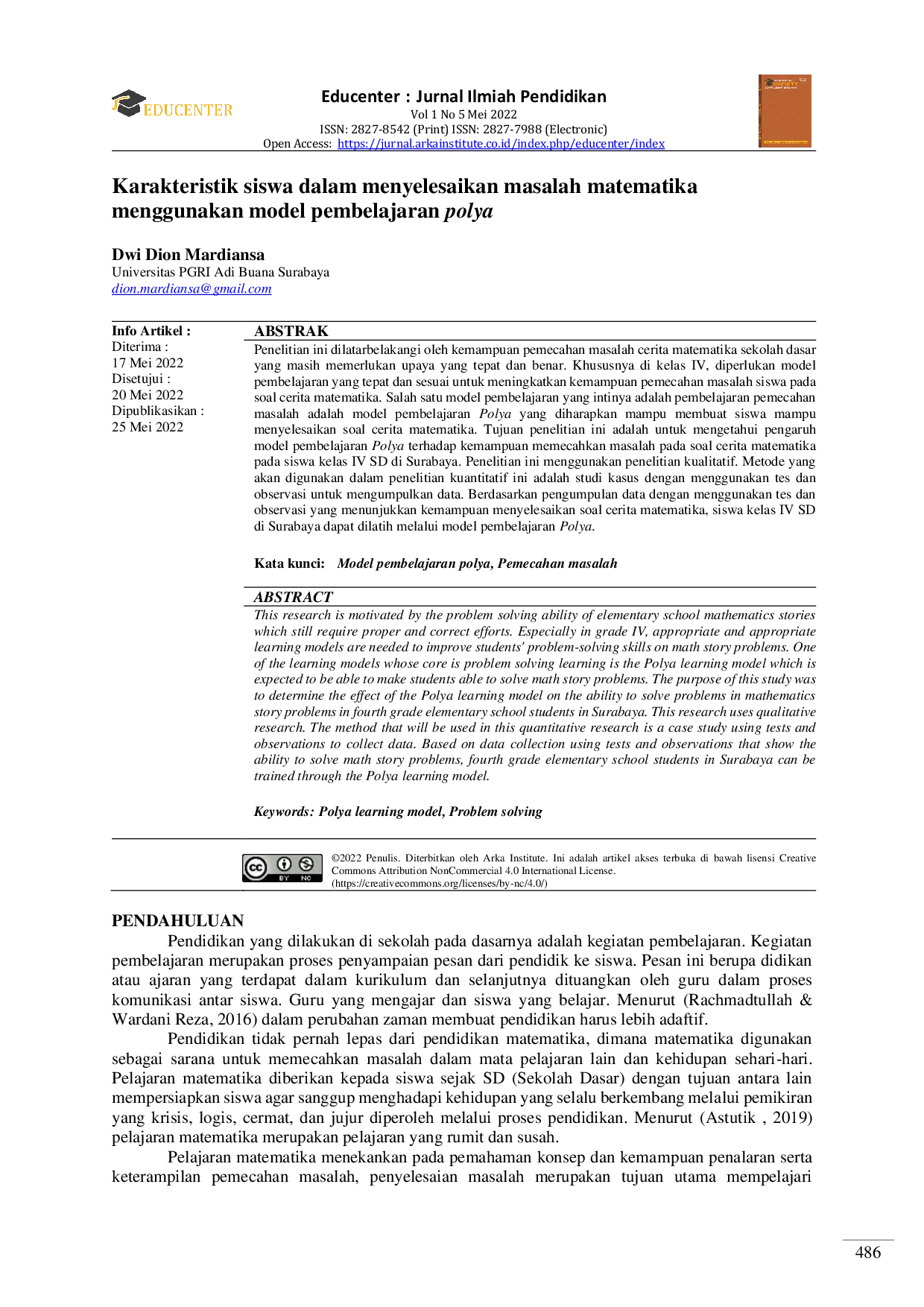 JURIS Karakteristik siswa dalam menyelesaikan masalah matematika menggunakan model pembelajaran polya