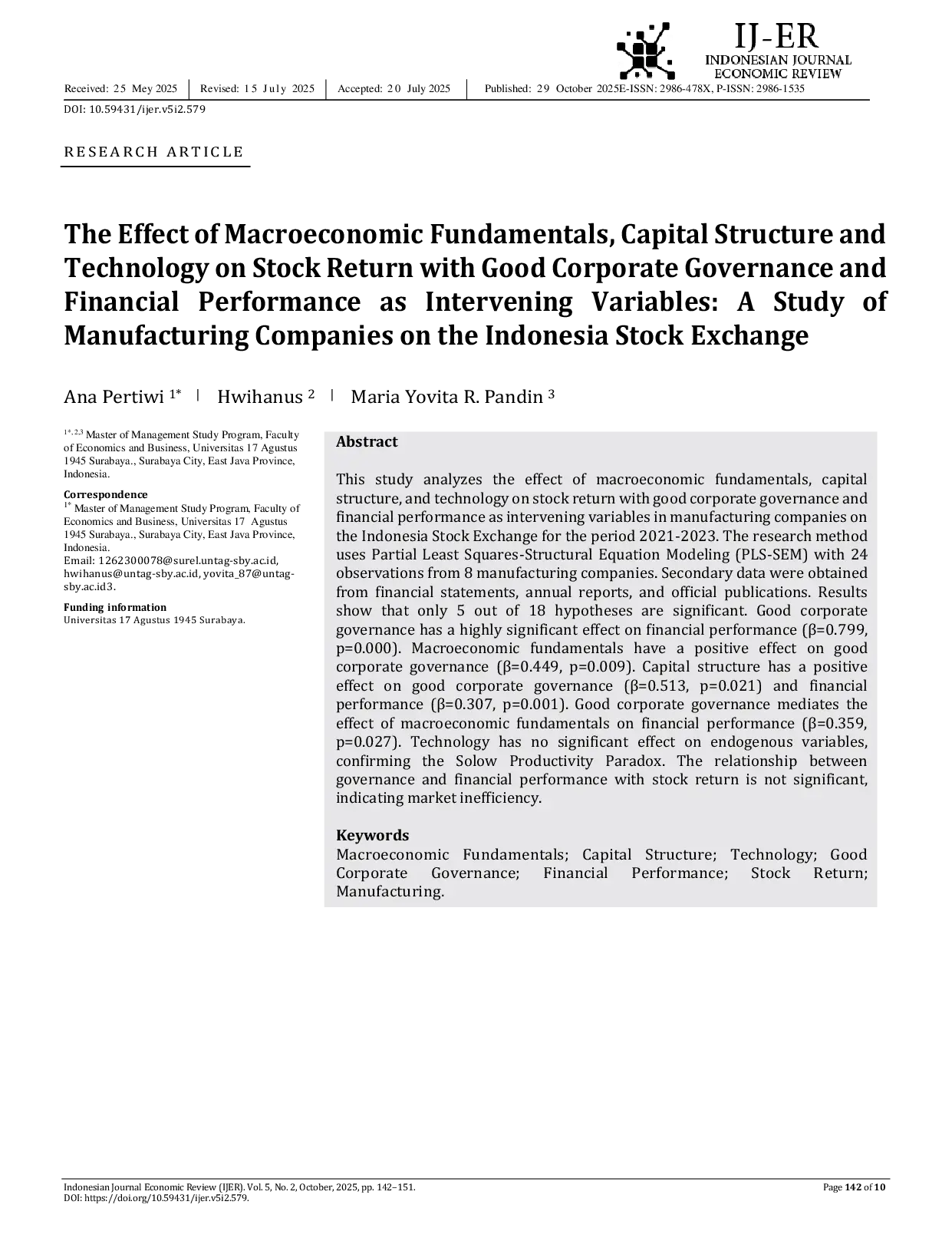 JURIS The Effect of Macroeconomic Fundamentals Capital Structure and Technology on Stock Return with Good Corporate Governance and Financial Performance as Intervening Variables A Study of Manufacturing C