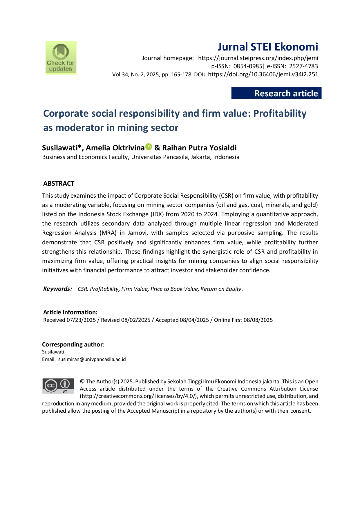 JURIS Corporate social responsibility and firm value Profitability as moderator in mining sector