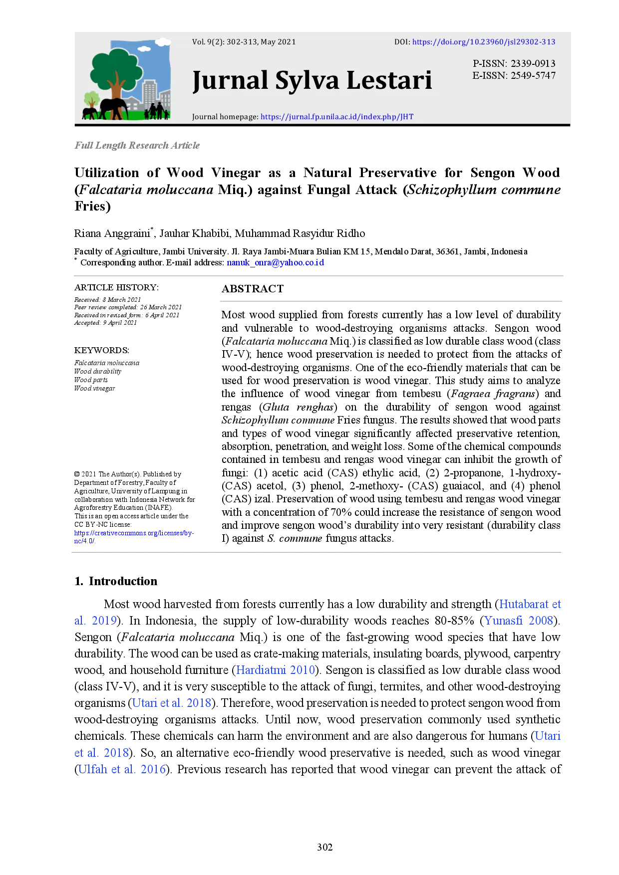 juris Utilization of Wood Vinegar as a Natural Preservative for Sengon Wood Falcataria moluccana Miq against Fungal Attack Schizophyllum commune Fries