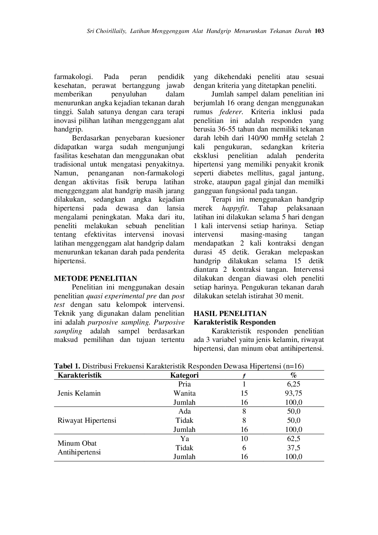 JURIS Latihan Menggenggam Alat Handgrip Menurunkan Tekanan Darah Pada Penderita Hipertensi