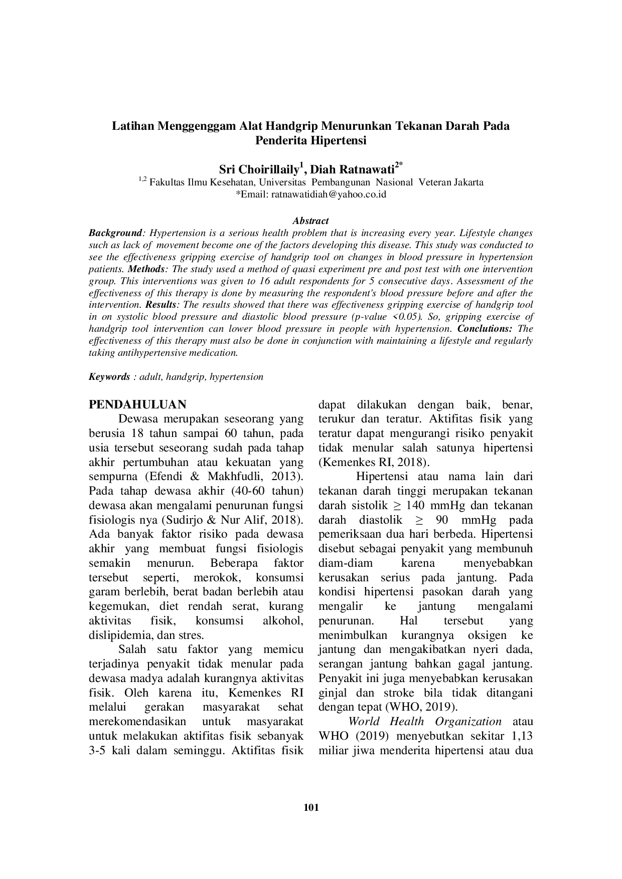 JURIS Latihan Menggenggam Alat Handgrip Menurunkan Tekanan Darah Pada Penderita Hipertensi