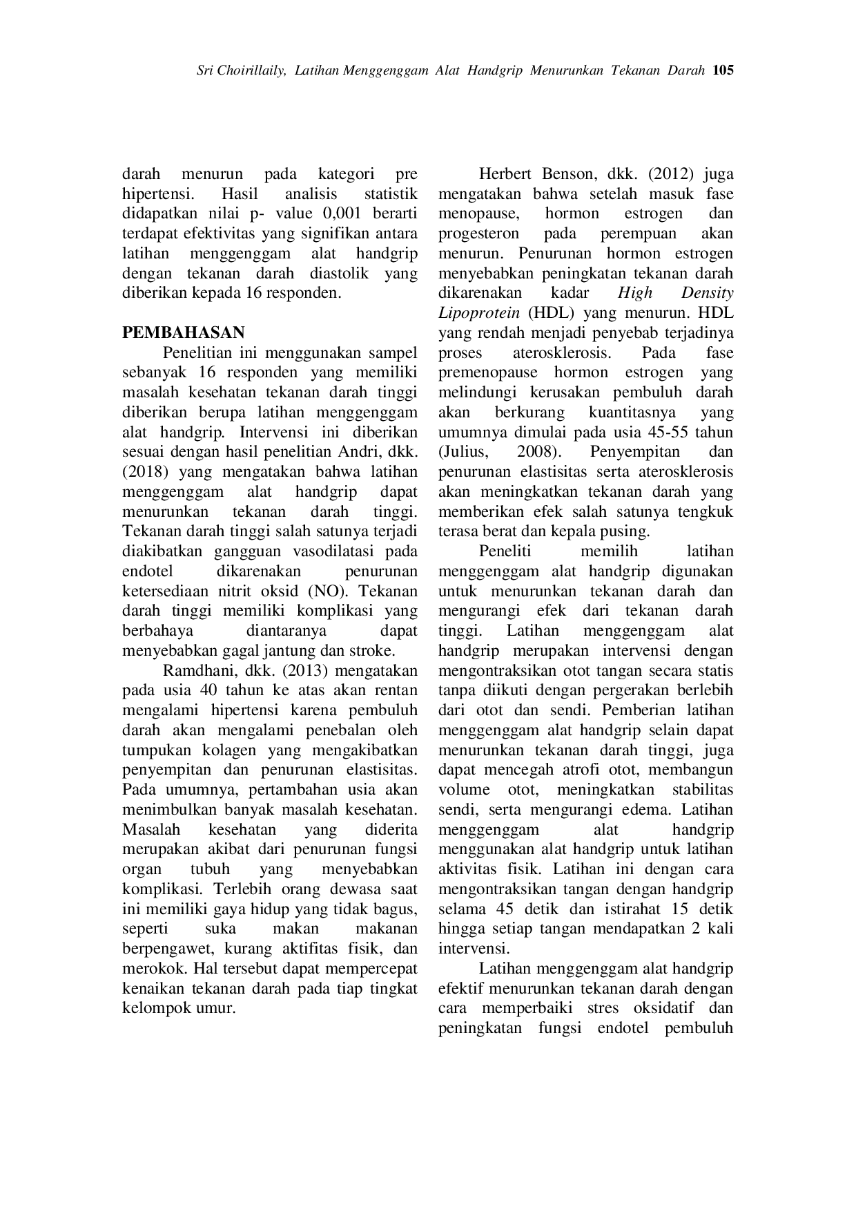 JURIS Latihan Menggenggam Alat Handgrip Menurunkan Tekanan Darah Pada Penderita Hipertensi