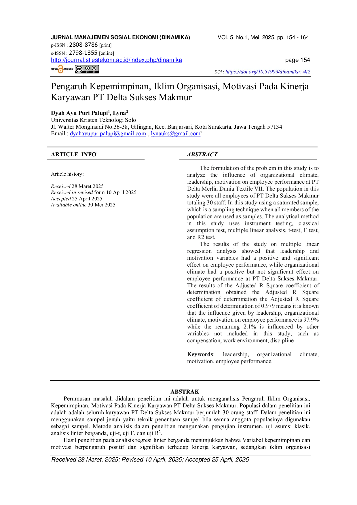 JURIS Pengaruh Kepemimpinan Iklim Organisasi Motivasi Pada Kinerja Karyawan PT Delta Sukses Makmur