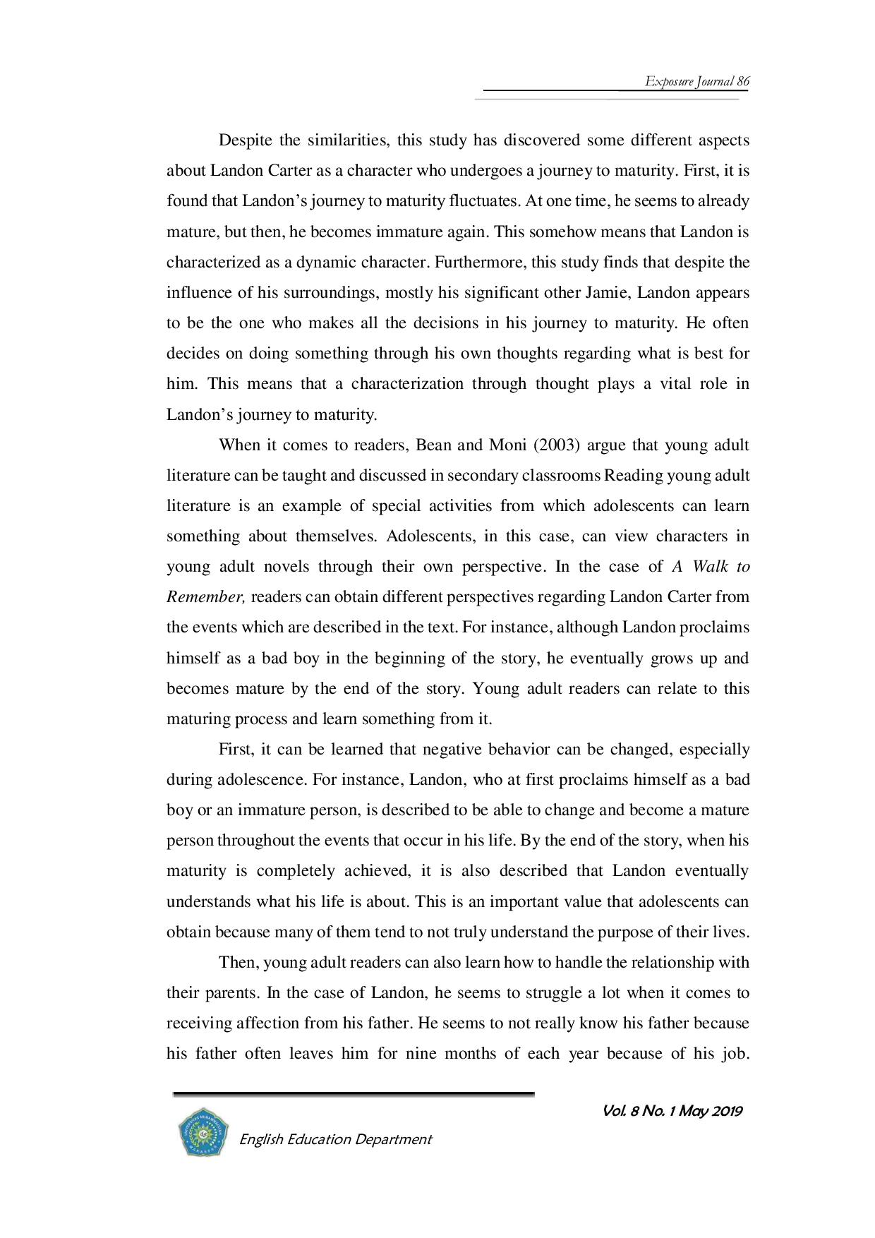 JURIS A Journey to Maturity in A Walk to Remember by Nicholas Sparks