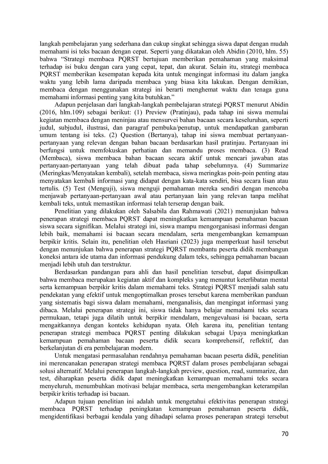 JURIS Penerapan Strategi PQRST Untuk Meningkatkan Pemahaman Membaca Peserta Didik SMKN 3 Kota Tasikmalaya