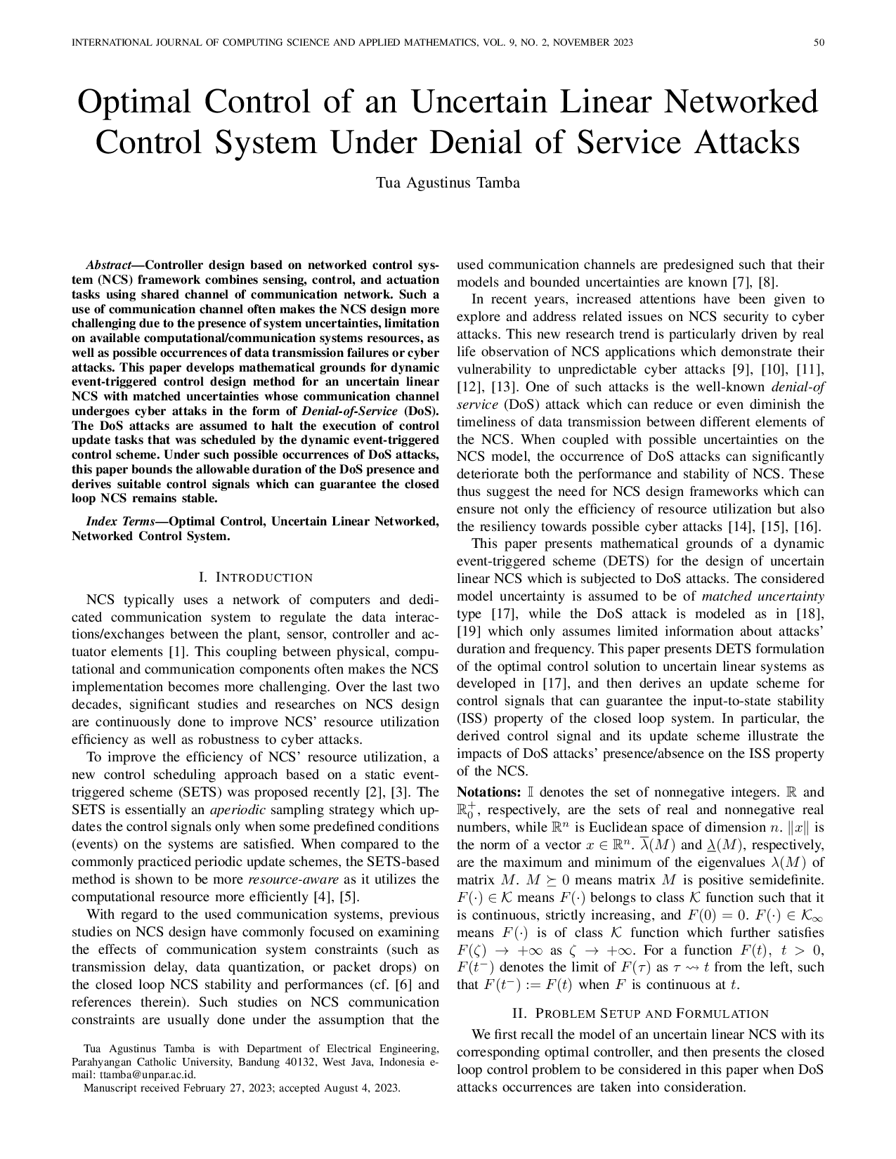 JURIS Optimal Control of an Uncertain Linear Networked Control Systems Under Denial of Service Attacks