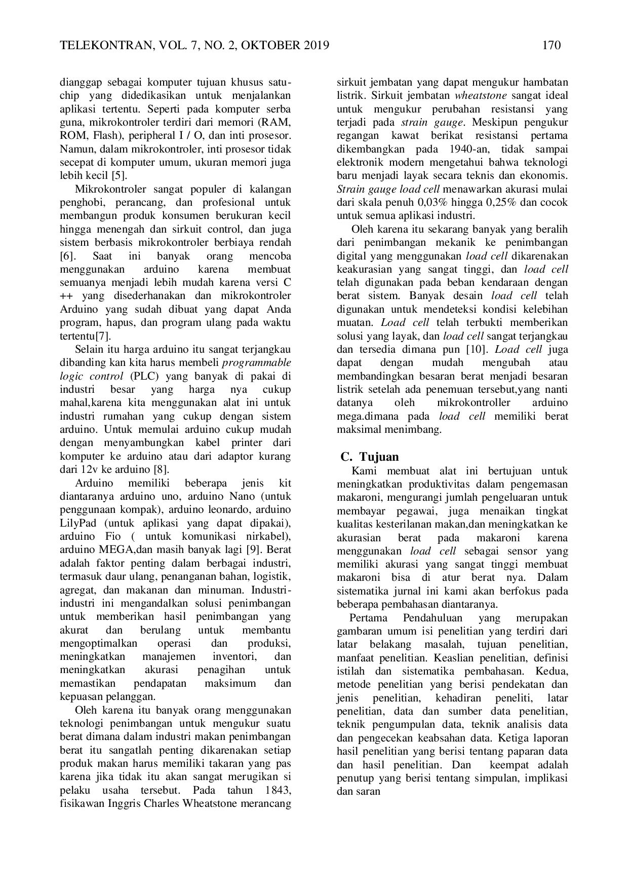 JURIS Sistem Pengemasan Makaroni Berdasarkan Berat Pada Konveyor Berbasis Mikrokontroler