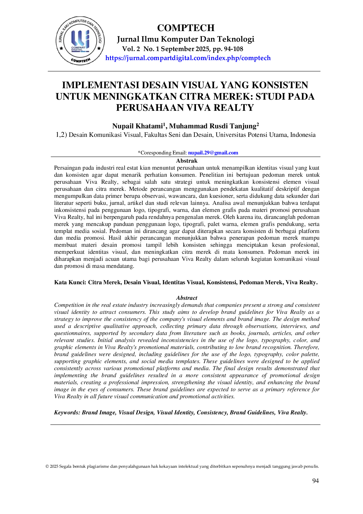 JURIS Implementasi Desain Visual yang Konsisten untuk Meningkatkan Citra Merek Studi Pada Perusahaan Viva Realty
