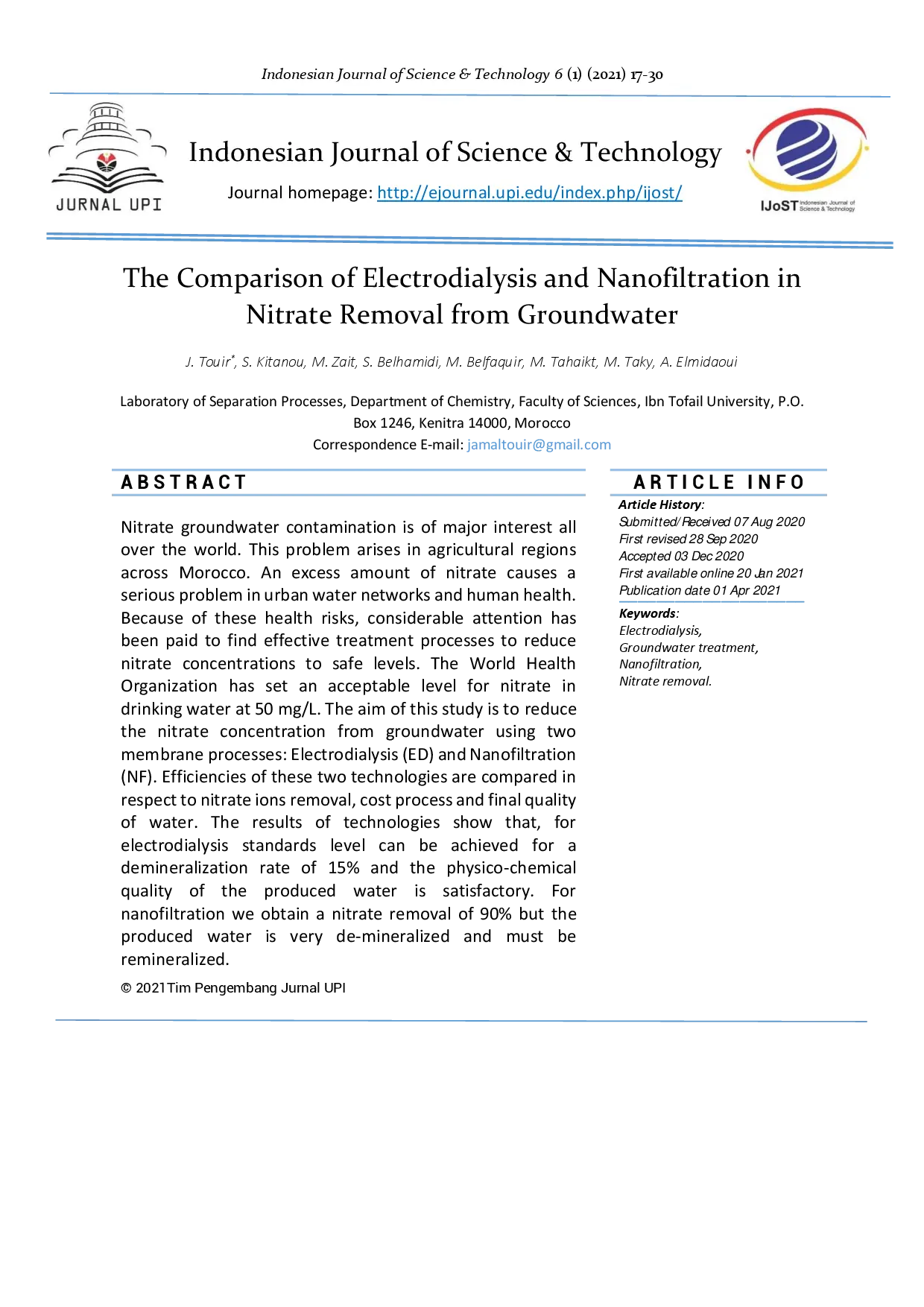 juris The Comparison of Electrodialysis and Nanofiltration in Nitrate Removal from Groundwater