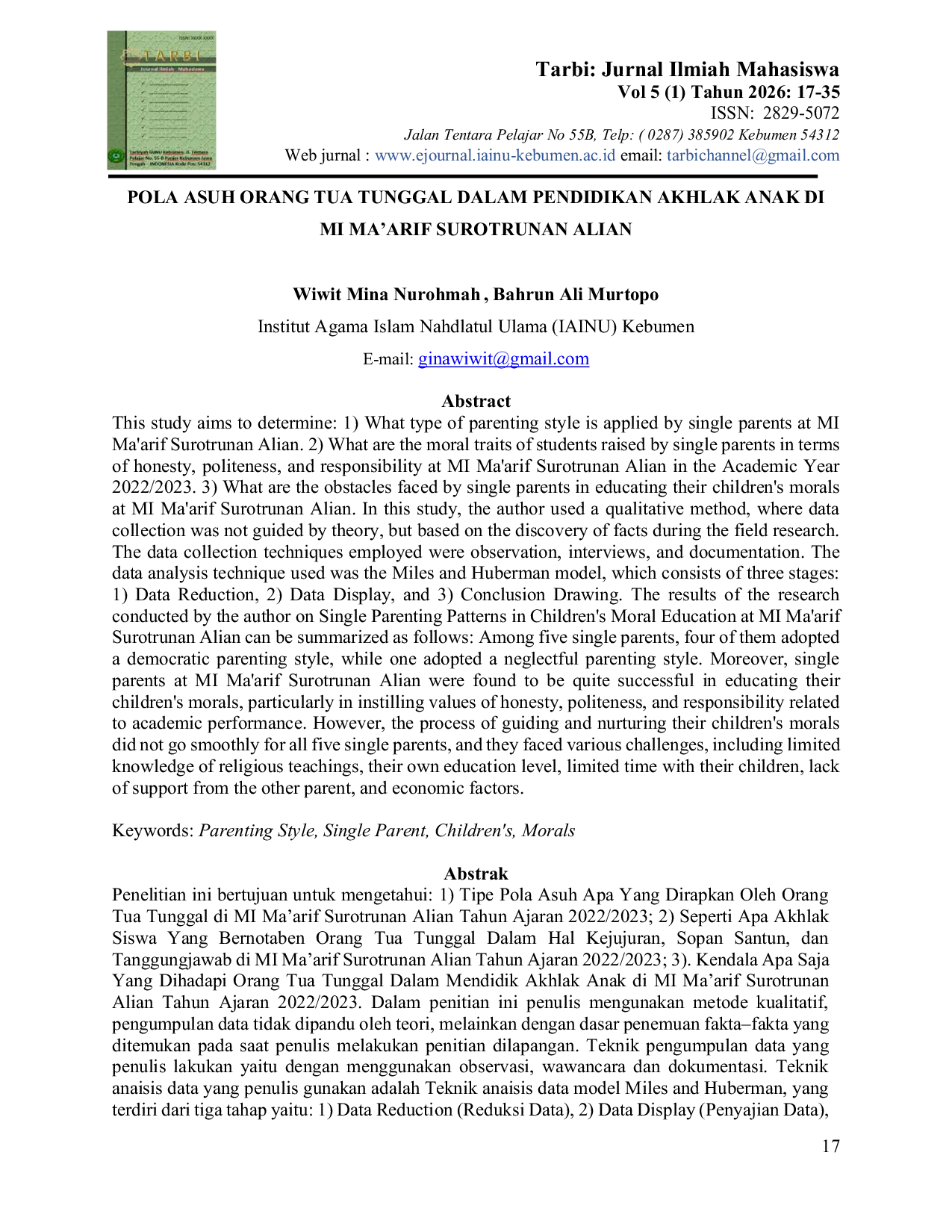 JURIS Pola Asuh Orang Tua Tunggal Dalam Pendidikan Akhlak Anak di MI Ma arif Surotrunan Alian