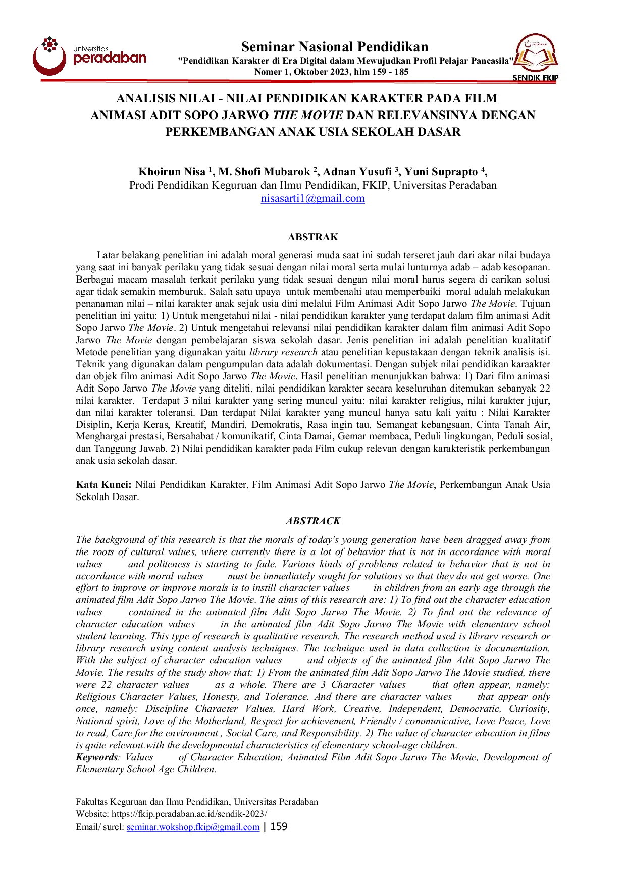 JURIS Analisis Nilai nilai Pendidikan Karakter pada Film Animasi Adit Sopo Jarwo The Movie dan Relevansinya dengan Perkembangan Anak Usia Sekolah Dasar