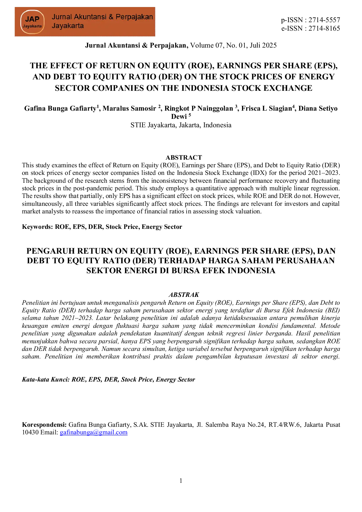 JURIS THE EFFECT OF RETURN ON EQUITY ROE EARNINGS PER SHARE EPS AND DEBT TO EQUITY RATIO DER ON THE STOCK PRICES OF ENERGY SECTOR COMPANIES ON THE INDONESIA STOCK EXCHANGE