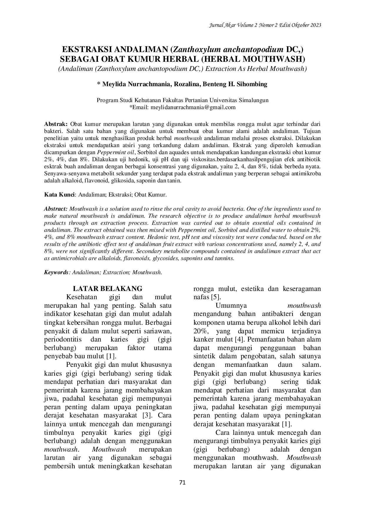 JURIS EKSTRAKSI ANDALIMAN Zanthoxylum anchantopodium DC SEBAGAI OBAT KUMUR HERBAL HERBAL MOUTHWASH