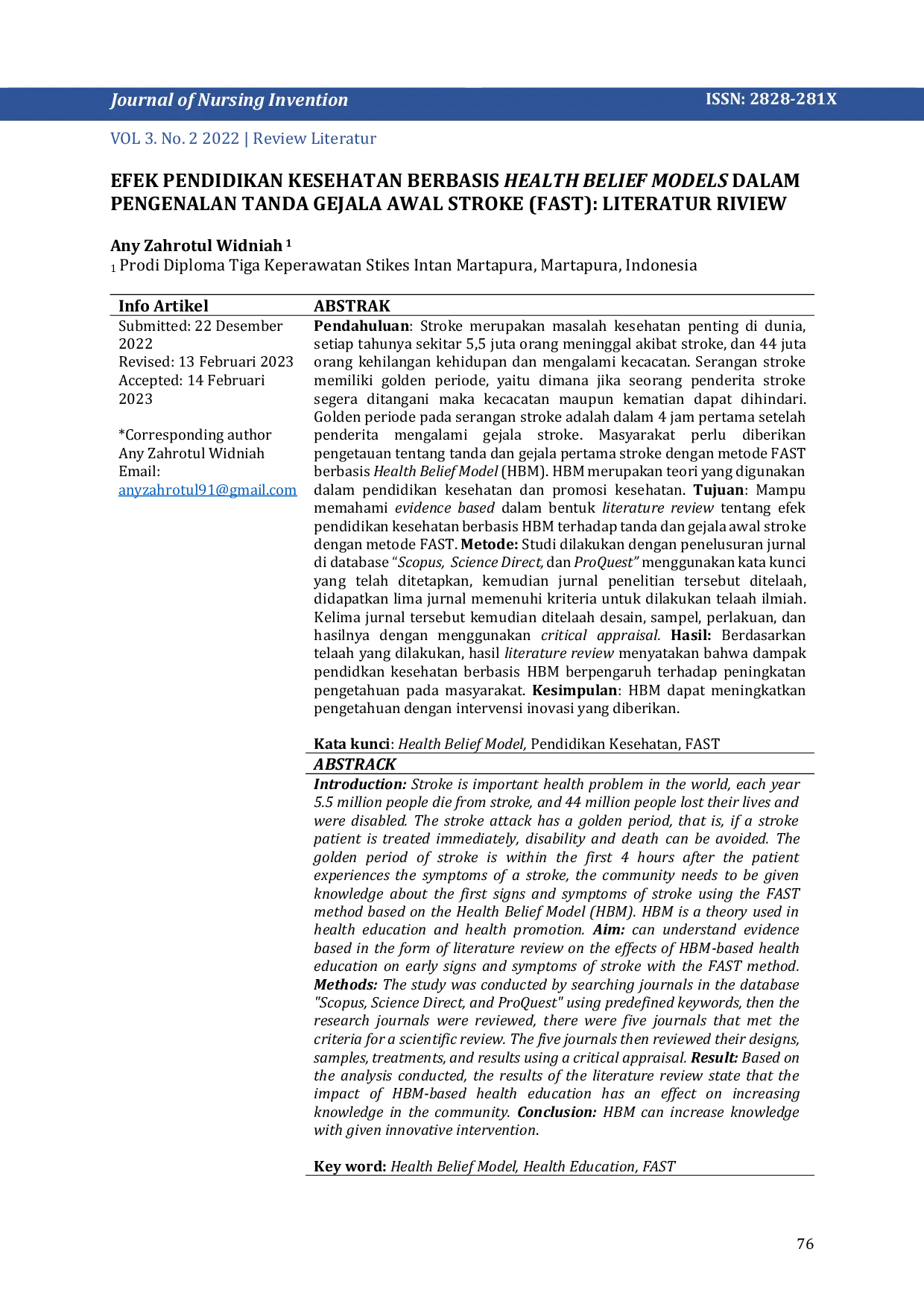 JURIS H Health Belief Models Based Health Education on Early Signs of Stroke Fast A Literature Review