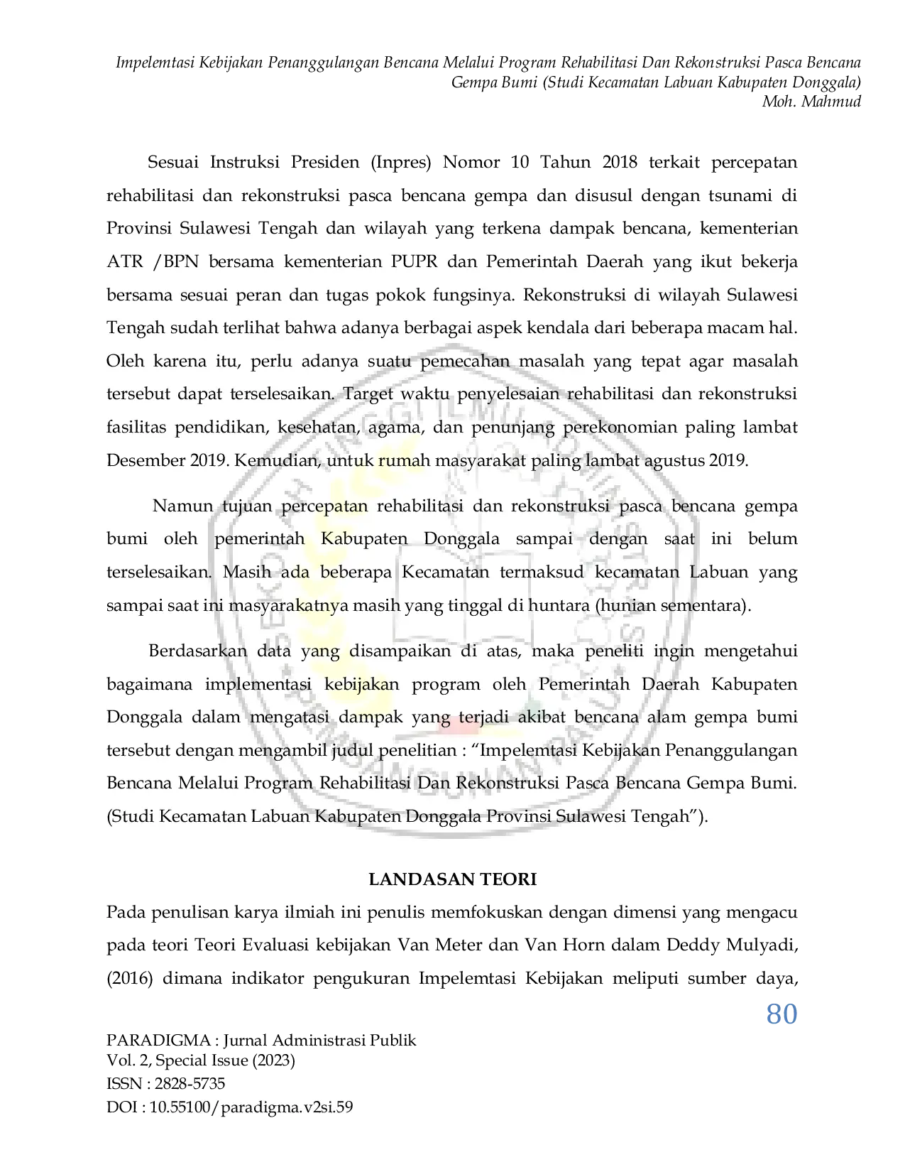 JURIS Impelemtasi Kebijakan Penanggulangan Bencana Melalui Program Rehabilitasi Dan Rekonstruksi Pasca Bencana Gempa Bumi Studi Kecamatan Labuan Kabupaten Donggala