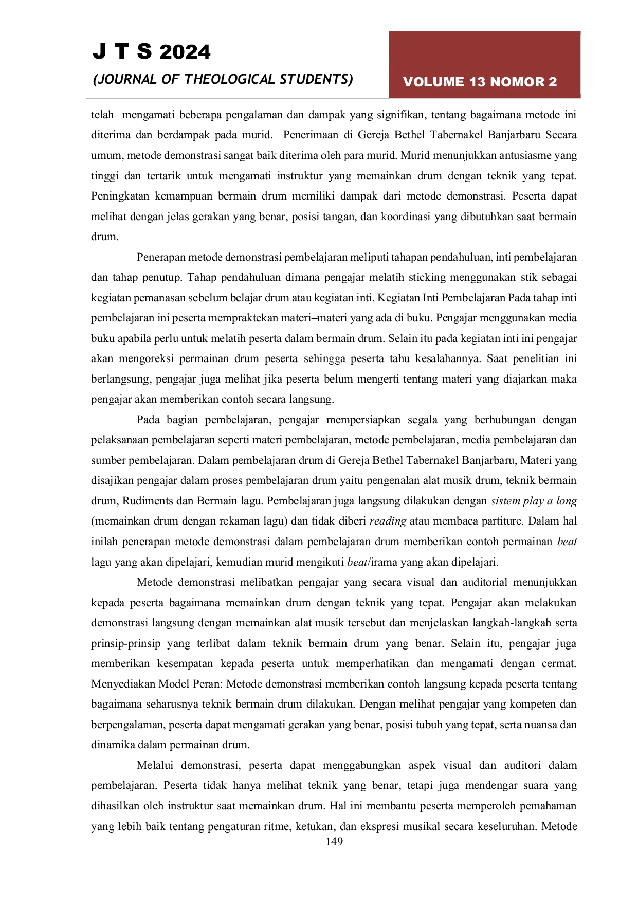 JURIS Membangun Kompetensi Musikal Remaja Gereja Dengan Integrasi Materi Pembelajaran Drum Dan Metode Demonstrasi