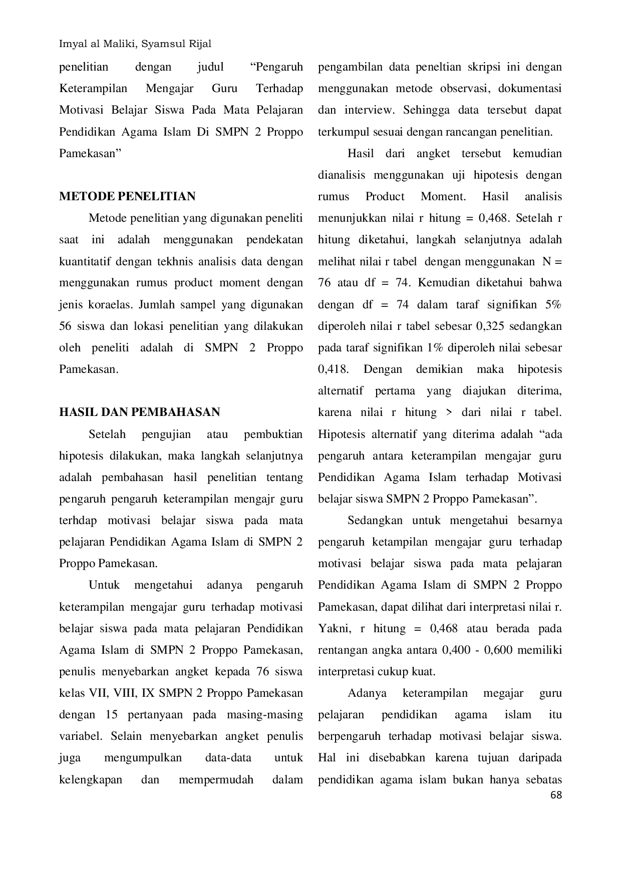 JURIS Pengaruh Keterampilan Mengajar Guru Terhadap Motivasi Belajar Siswa Pada Mata Pelajaran Pendidikan Agama Islam Di Smpn 2 Proppo Pamekasan