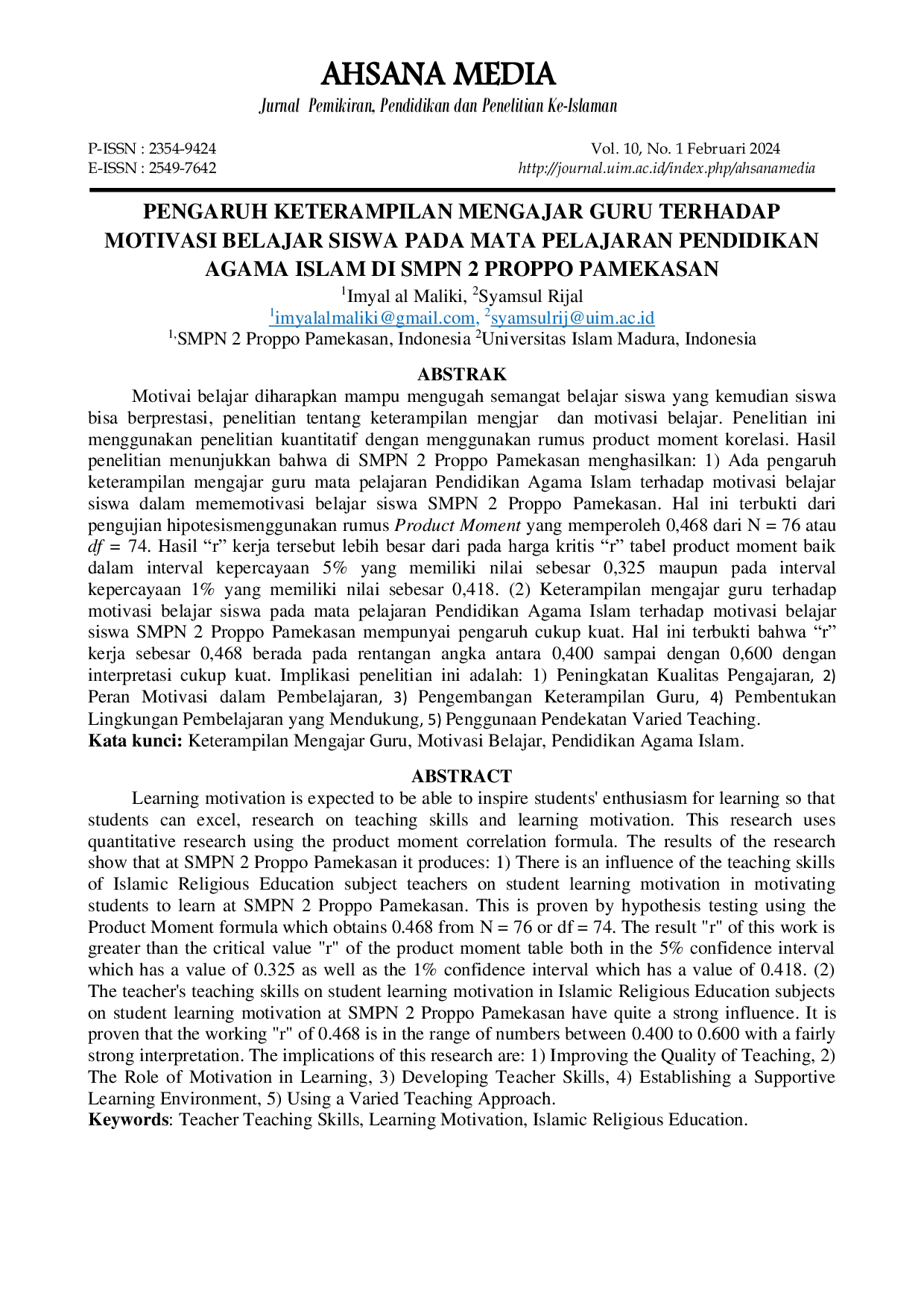 JURIS Pengaruh Keterampilan Mengajar Guru Terhadap Motivasi Belajar Siswa Pada Mata Pelajaran Pendidikan Agama Islam Di Smpn 2 Proppo Pamekasan