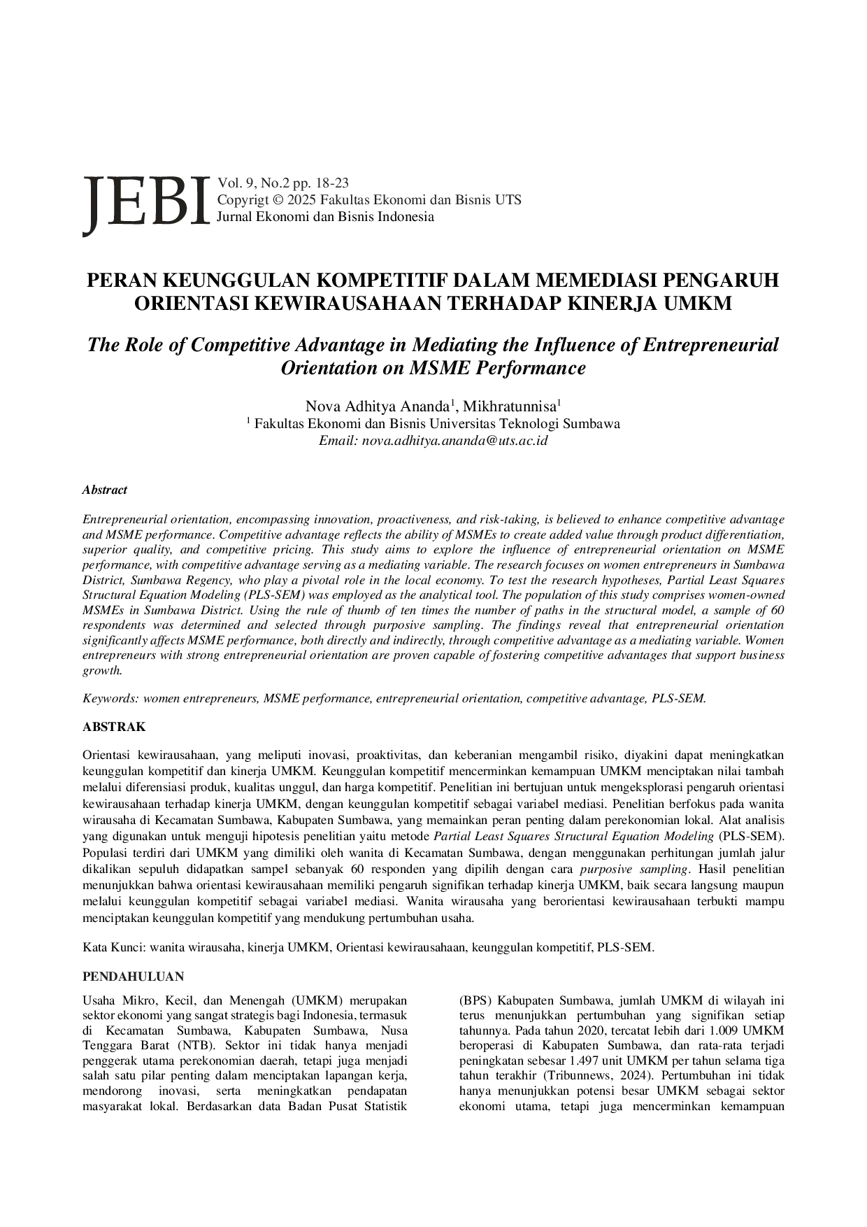 JURIS PERAN KEUNGGULAN KOMPETITIF DALAM MEMEDIASI PENGARUH ORIENTASI KEWIRAUSAHAAN TERHADAP KINERJA UMKM The Role of Competitive Advantage in Mediating the Influence of Entrepreneurial Orientation on MSME