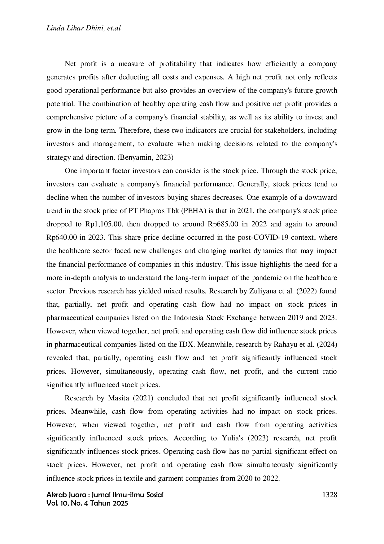 JURIS Pengaruh Arus Kas Operasi Dan Laba Bersih Terhadap Harga Saham Pada Perusahaan Sektor Healthcare Yang Terdaftar Di Bursa Efek Indonesia