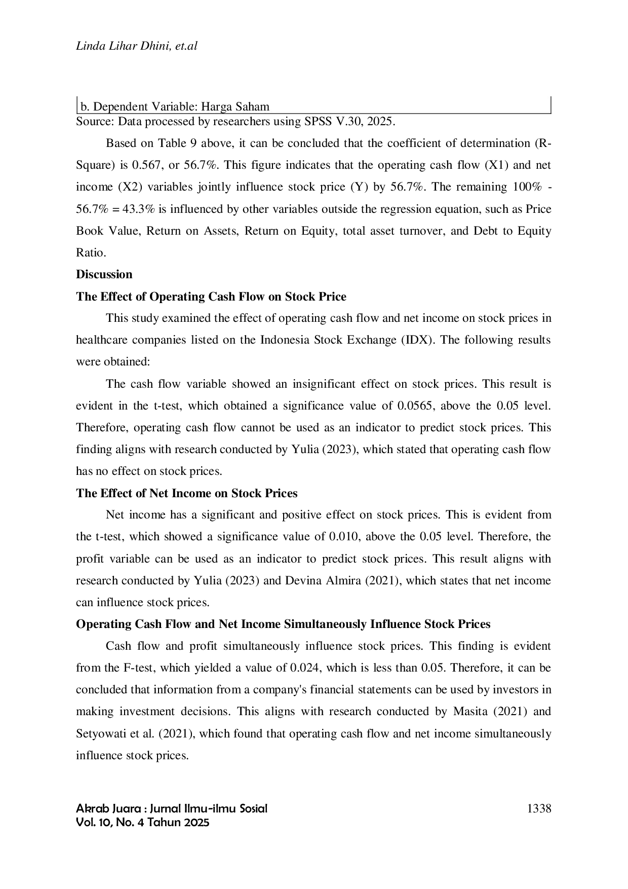 JURIS Pengaruh Arus Kas Operasi Dan Laba Bersih Terhadap Harga Saham Pada Perusahaan Sektor Healthcare Yang Terdaftar Di Bursa Efek Indonesia