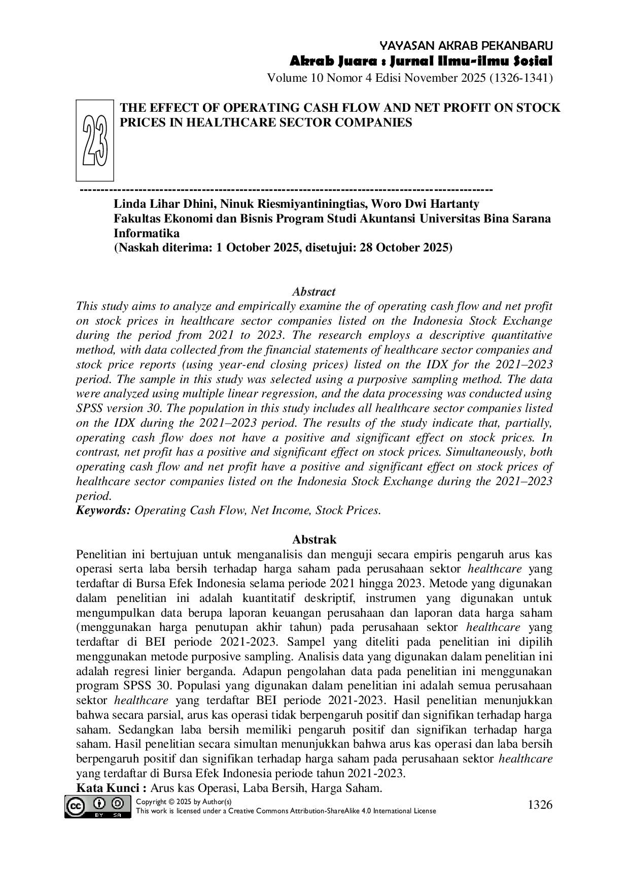 JURIS Pengaruh Arus Kas Operasi Dan Laba Bersih Terhadap Harga Saham Pada Perusahaan Sektor Healthcare Yang Terdaftar Di Bursa Efek Indonesia
