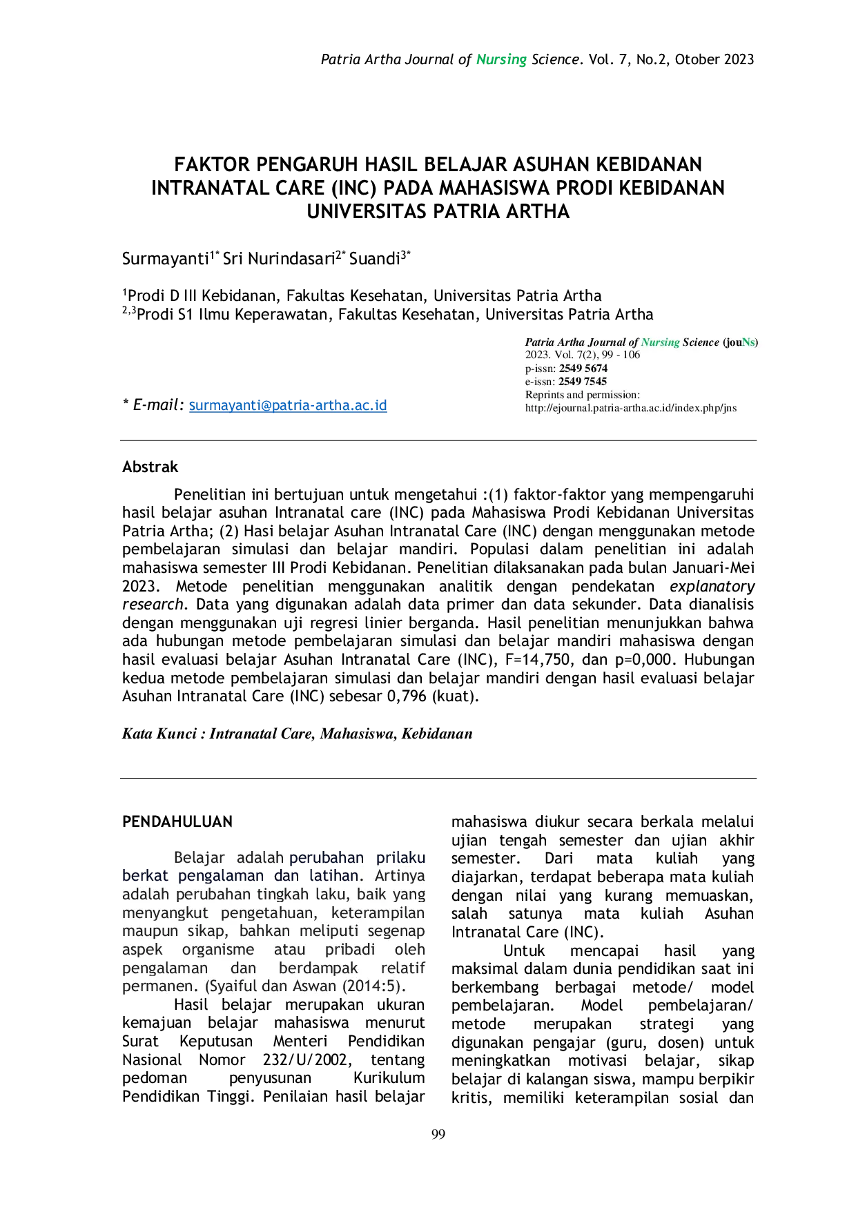 JURIS Faktor Pengaruh Hasil Belajar Asuhan Kebidanan Intranatal Care Inc Pada Mahasiswa Prodi Kebidanan Universitas Patria Artha