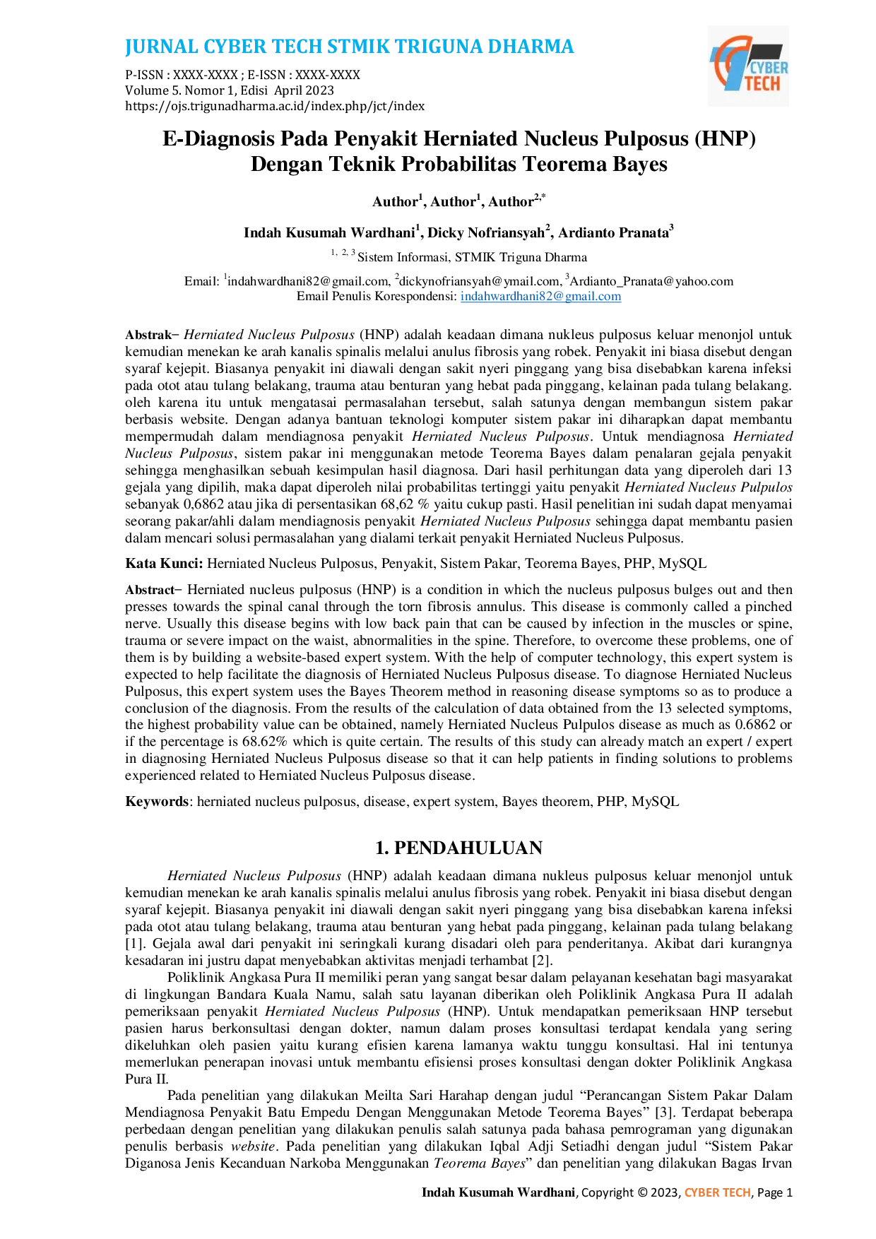 JURIS E Diagnosis Pada Penyakit Herniated Nucleus Pulposus HNP Dengan Teknik Probabilitas Teorema Bayes