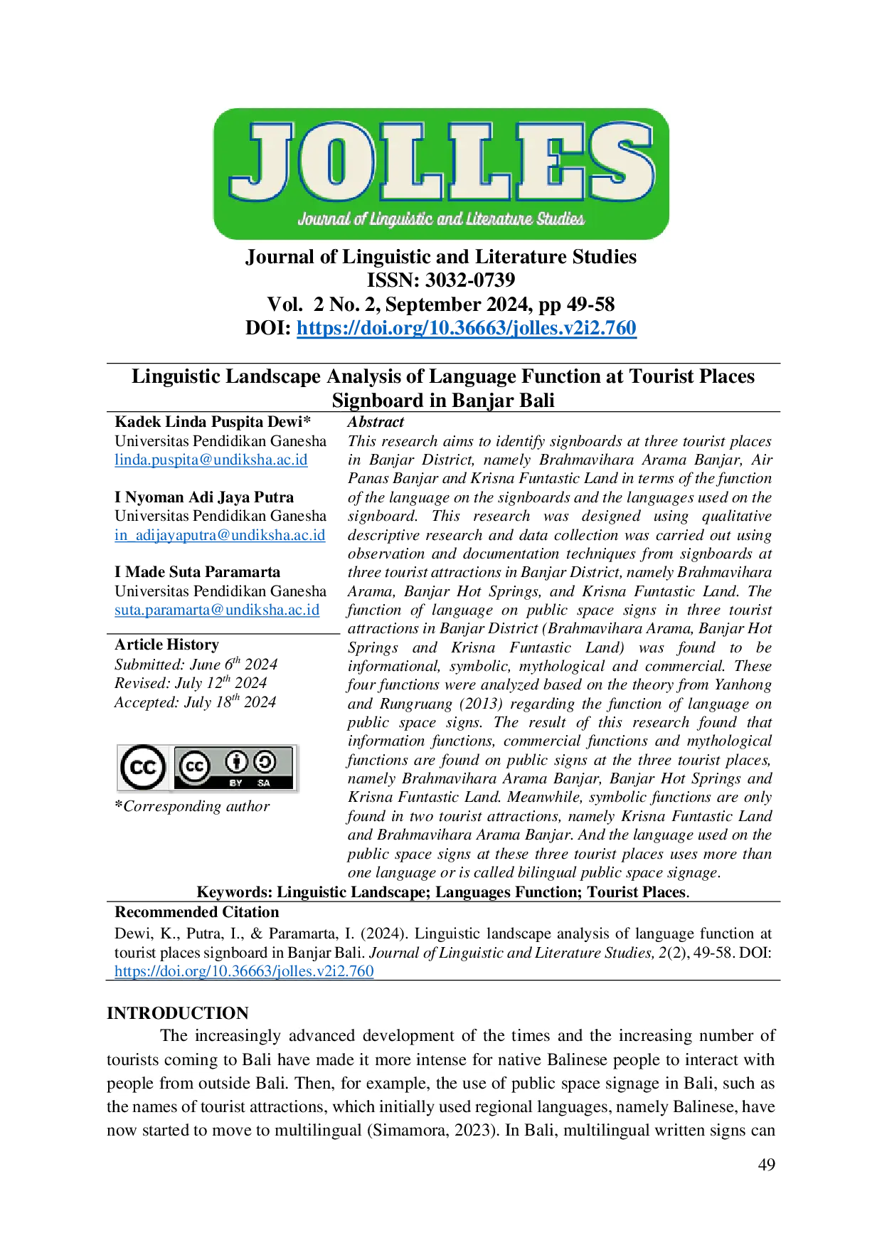 JURIS Analisis Linguistic Landscape Fungsi Bahasa Pada Papan Petunjuk Di Tempat Wisata Di Banjar Bali