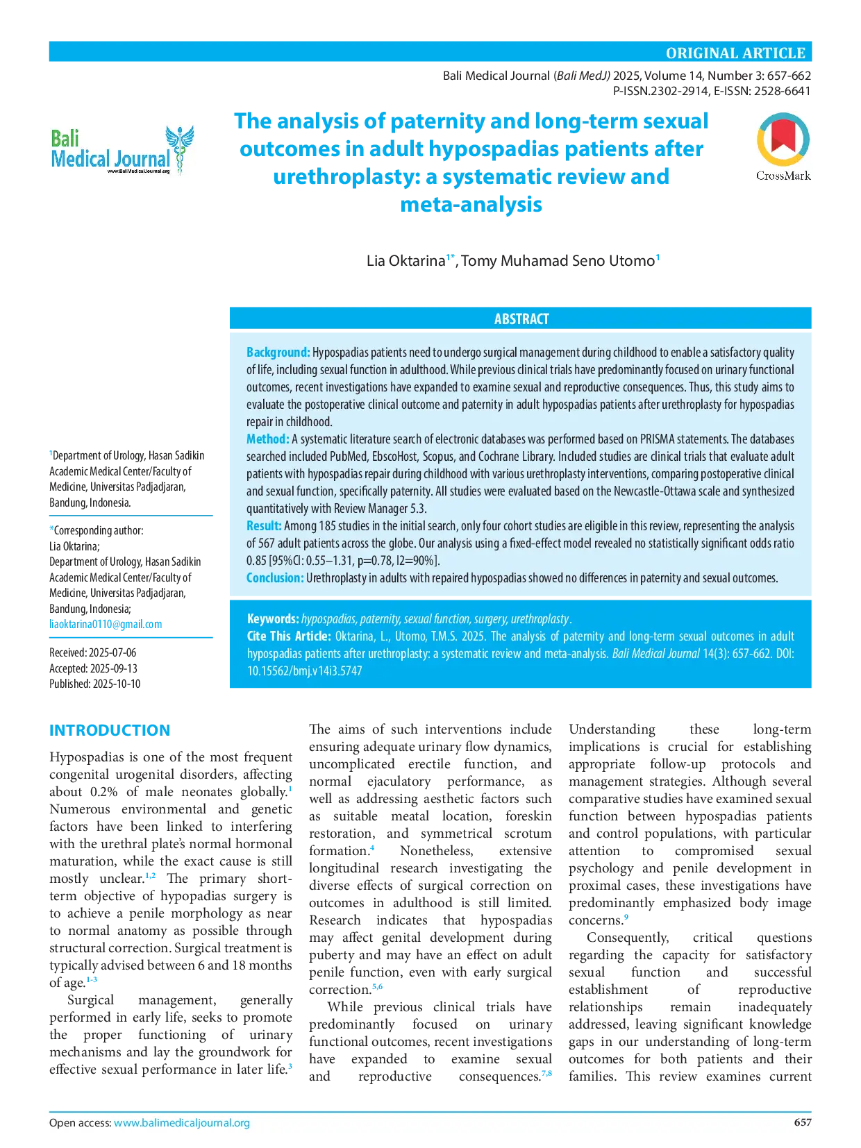 JURIS The analysis of paternity and long term sexual outcomes in adult hypospadias patients after urethroplasty a systematic review and meta analysis