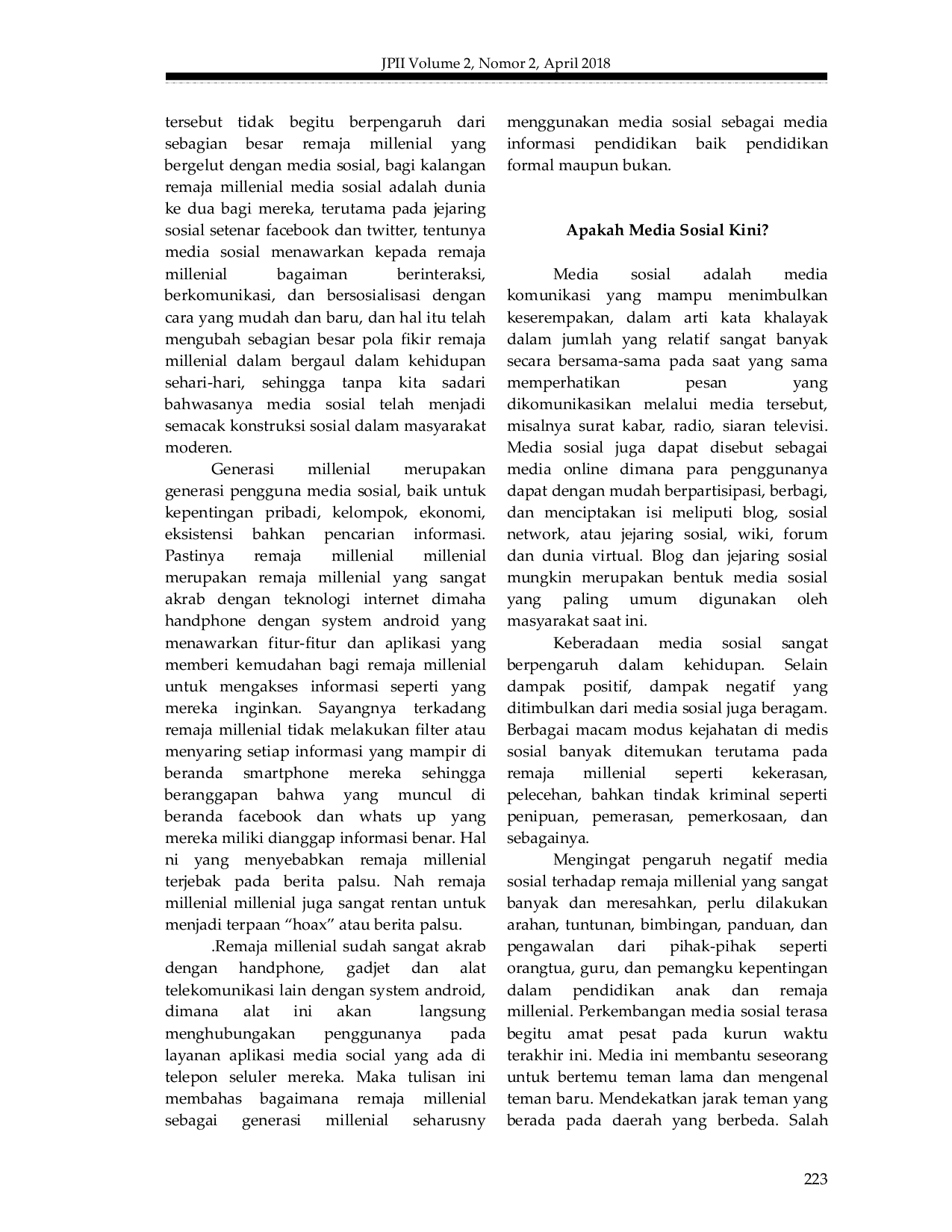 JURIS Remaja Millenial dan Media Sosial Media Sosial Sebagai Media Informasi Pendidikan Bagi Remaja Millenial