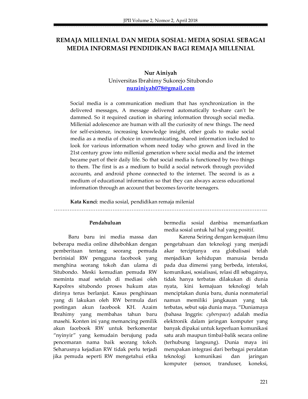 JURIS Remaja Millenial dan Media Sosial Media Sosial Sebagai Media Informasi Pendidikan Bagi Remaja Millenial