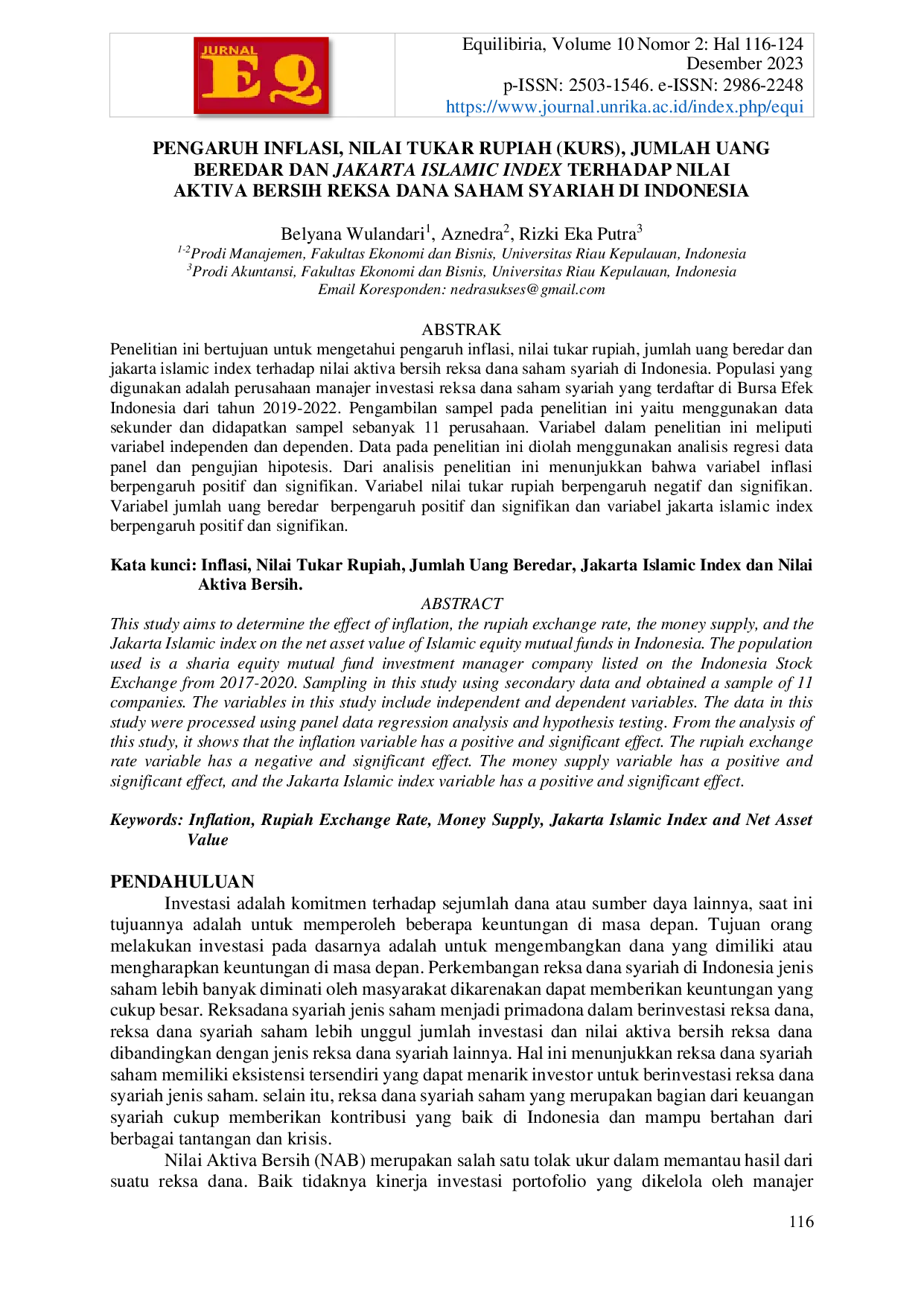 JURIS Pengaruh Inflasi Nilai Tukar Rupiah Kurs Jumlah Uang Beredar dan Jakarta Islamic Index Terhadap Nilai Aktiva Bersih Reksa Dana Saham Syariah di Indonesia