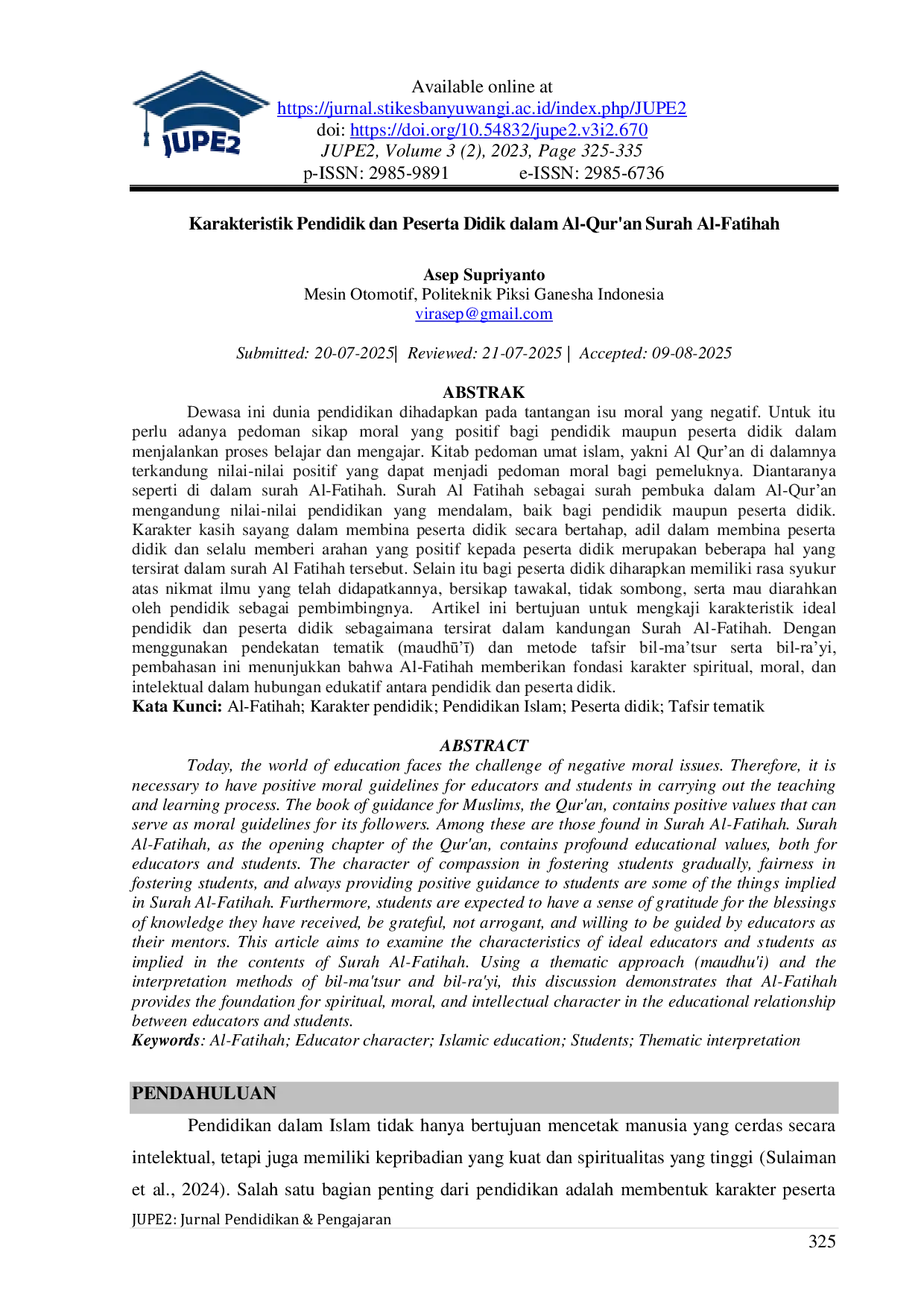 JURIS Karakteristik Pendidik Dan Peserta Didik Dalam Al Qur an Surah Al Fatihah