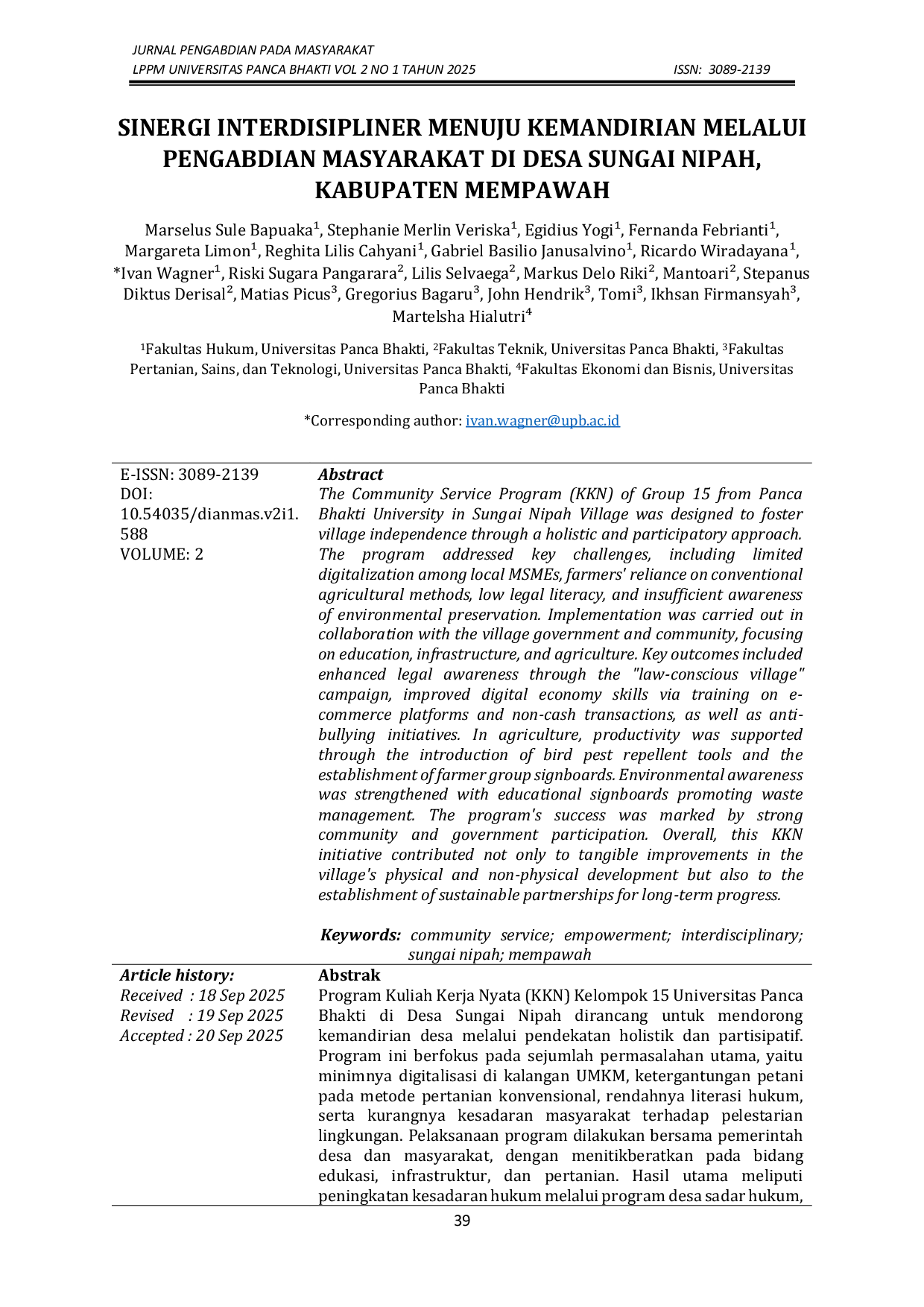 JURIS Sinergi Interdisipliner Menuju Kemandirian Melalui Pengabdian Masyarakat Di Desa Sungai Nipah Kabupaten Mempawah